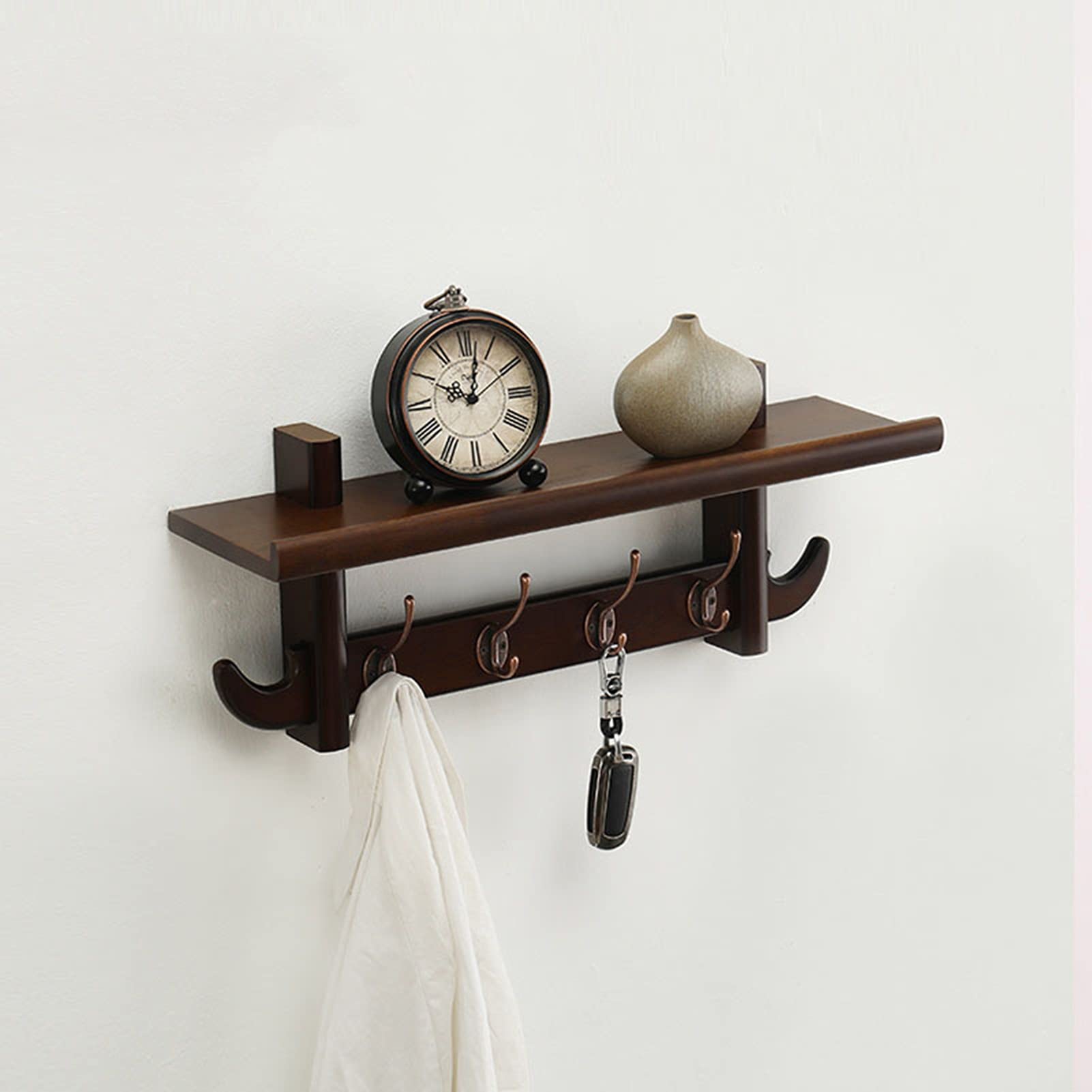 Floating Shelves with Wall Mountable Coat Rack - Heavy Duty Dual Metal Hooks for Entryway, Kitchen & Bathroom Organization (4 Hooks) - Perfect for Small Space Storage & Home Decor
