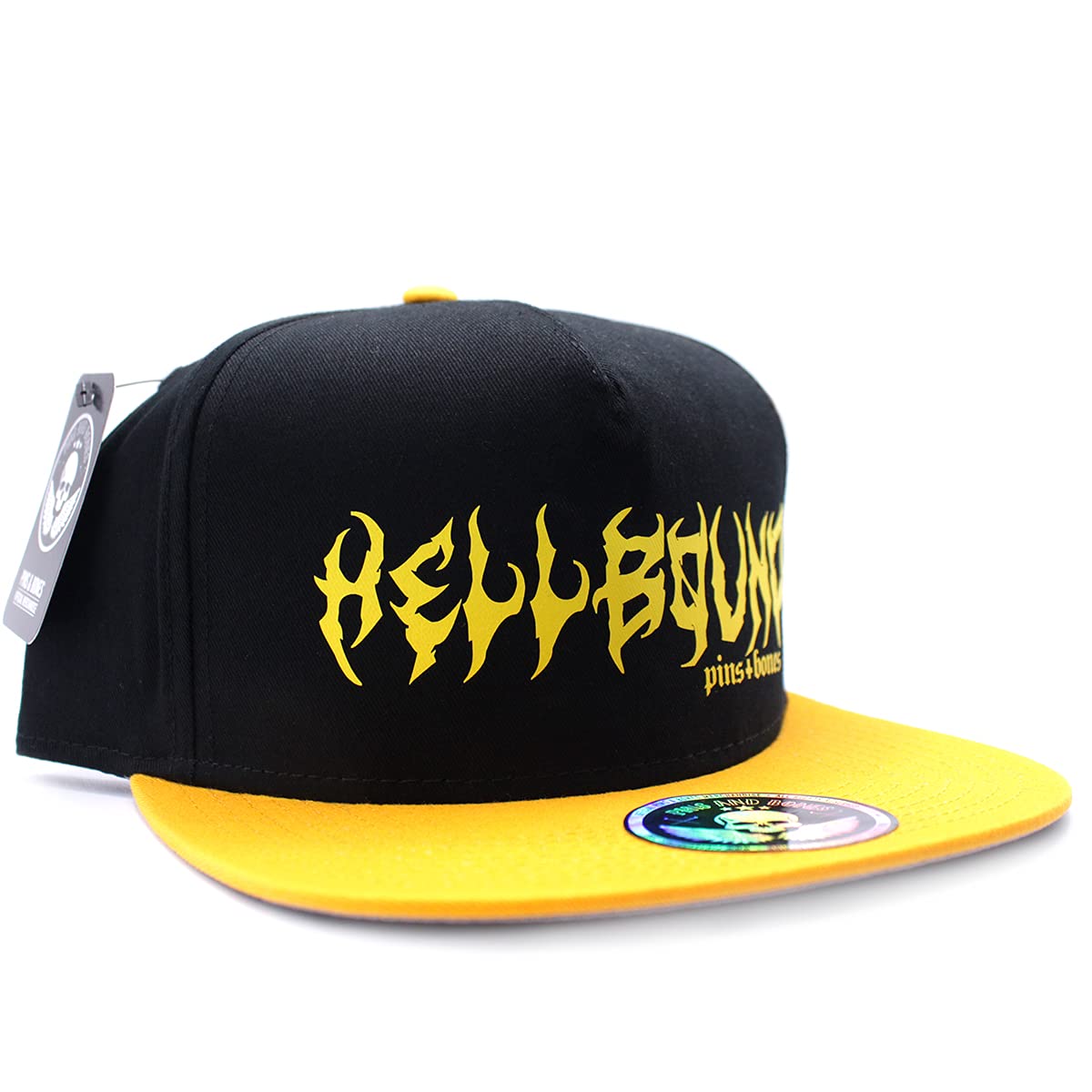 Hellbound Gothic Snapback Hat - Black & Yellow Punk Skull Cap - Adjustable One Size Fits All - Perfect for Halloween, Concerts & Streetwear Fashion