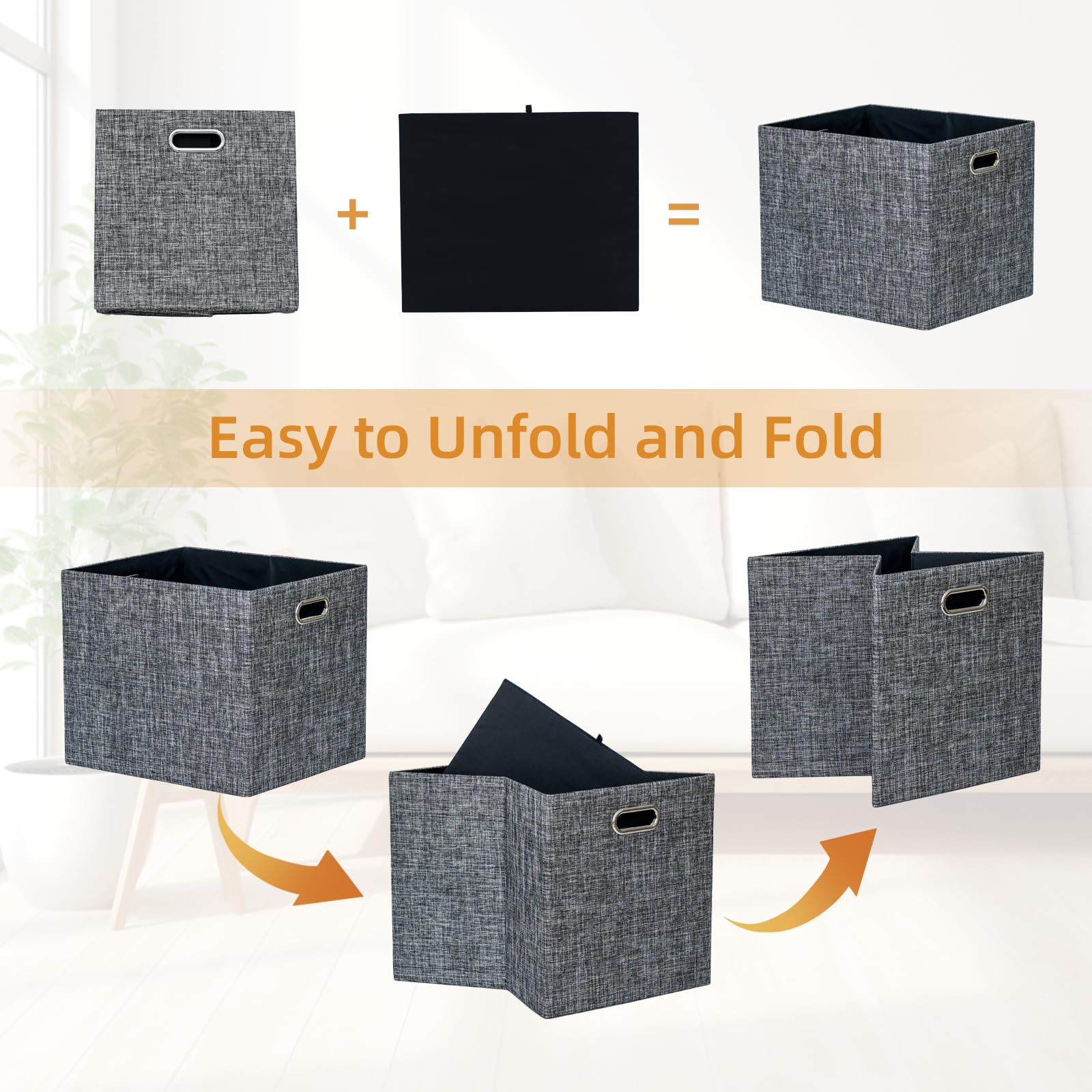 13x15x13 Foldable Fabric Storage Cube Bins with Handles - 4 Pack Black Linen Storage Baskets for Shelves, Closet, Wardrobe & Bookcase Organization - Perfect for Bedroom, Kids Room & Home Storage Solutions