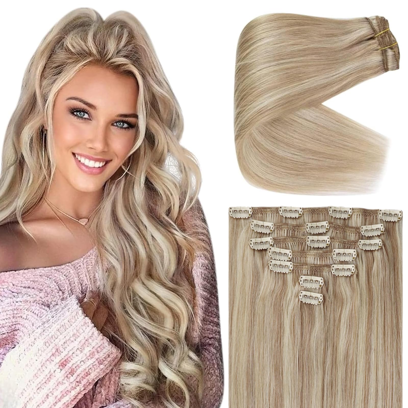 Ve Sunny Clip-In Human Hair Extensions - 18 Inch Ash Blonde Highlights with Bleach Blonde, 7pcs 120g Real Remy Hair for Women | Perfect for Parties, Weddings & Daily Styling