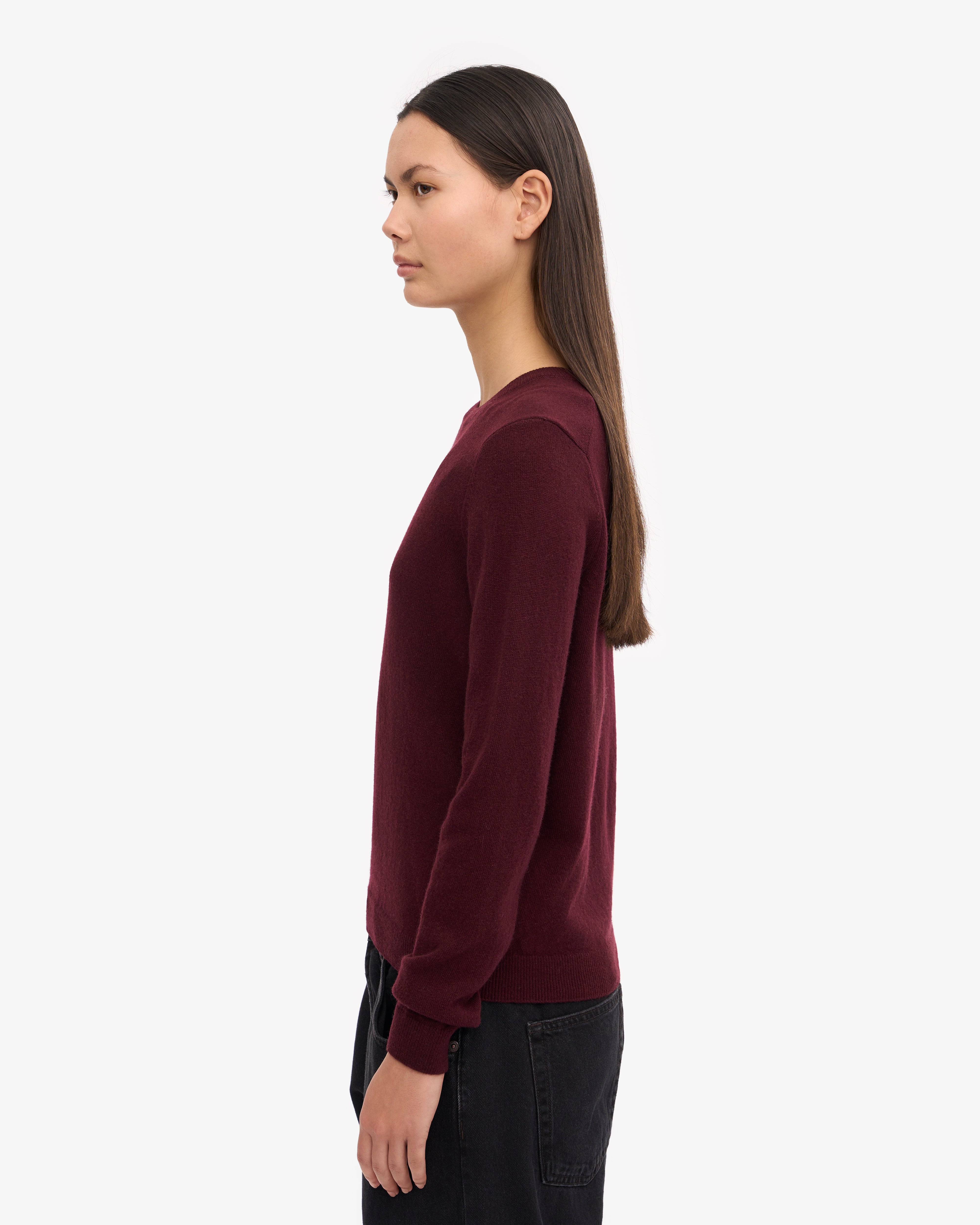 Women's Lightweight Merino Wool Crew Neck Sweater in Oxblood Red - Perfect for Fall Layering & Winter Warmth