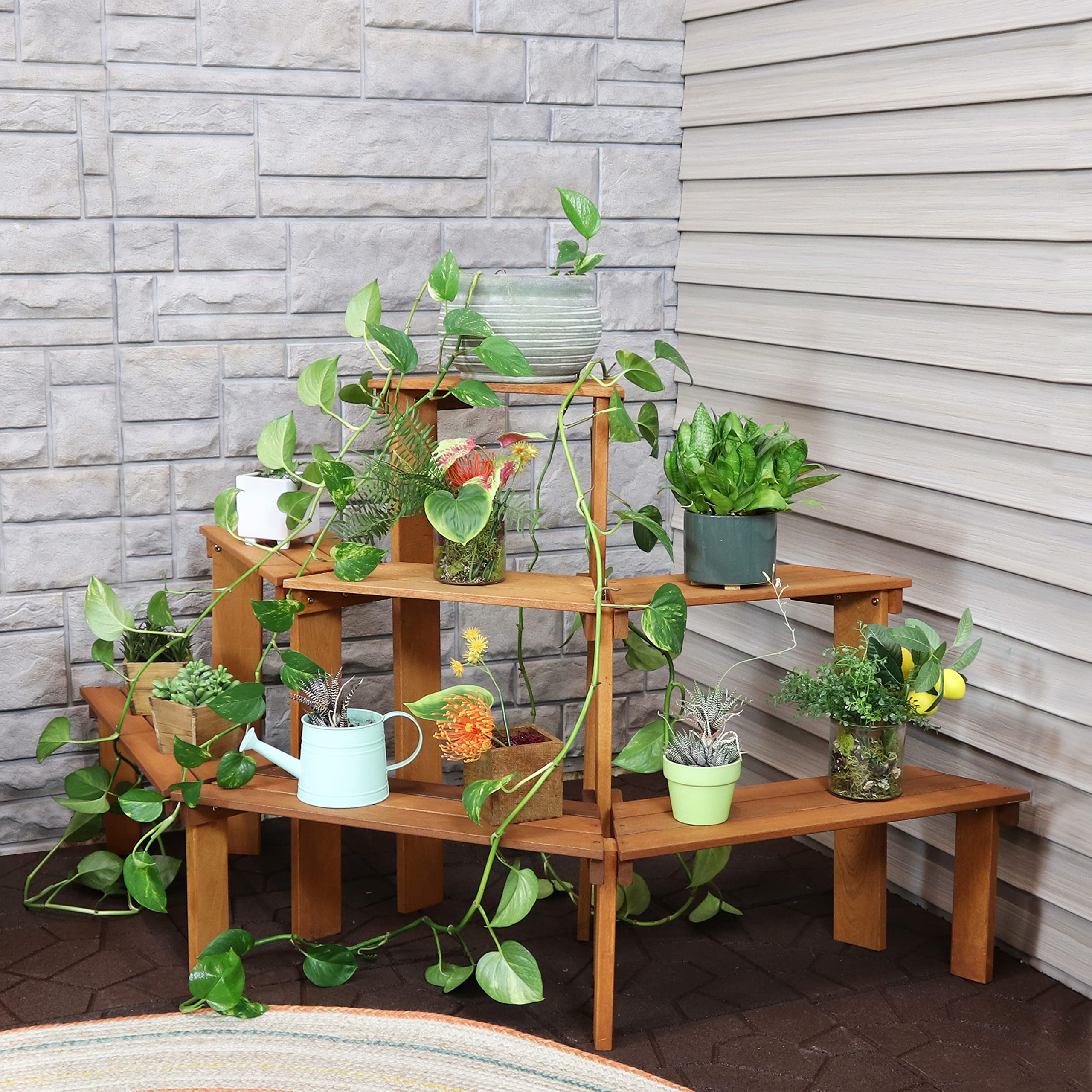 Sunnydaze 3-Tier Meranti Wood Outdoor Plant Stand with Teak Oil Finish - 5.75 Feet Wide - Indoor & Outdoor Use - Perfect for Patio, Garden, Balcony & Home Decor