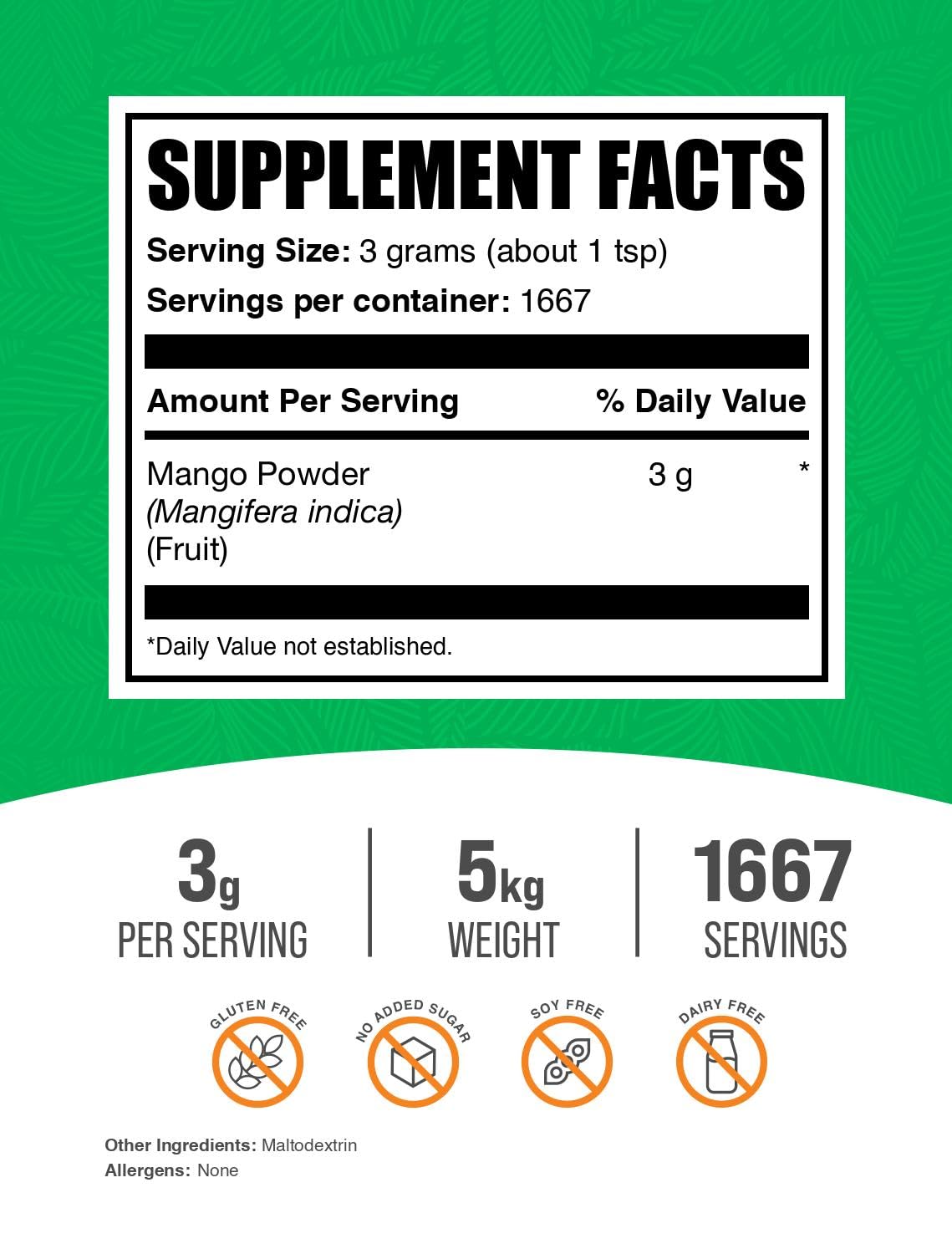 BulkSupplements Pure Mango Powder - 100% Natural Mango Fruit Powder for Smoothies, Baking & Flavoring - Gluten Free, Sugar Free, 3g per Serving, 5kg (11 lbs) - Perfect for Drinks, Desserts & Healthy Recipes
