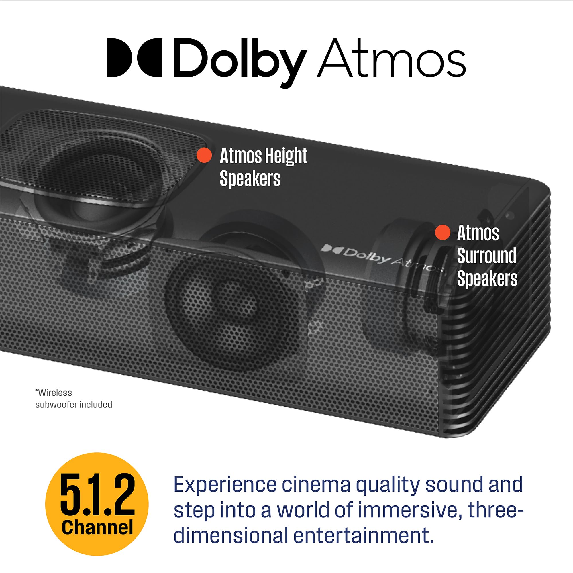 Westinghouse 5.1.2 Channel Soundbar with Wireless Subwoofer - 200W Dolby Atmos Surround Sound System for Smart TV & Home Theater | Bluetooth, Roku TV Ready | Perfect for Movie Nights & Gaming