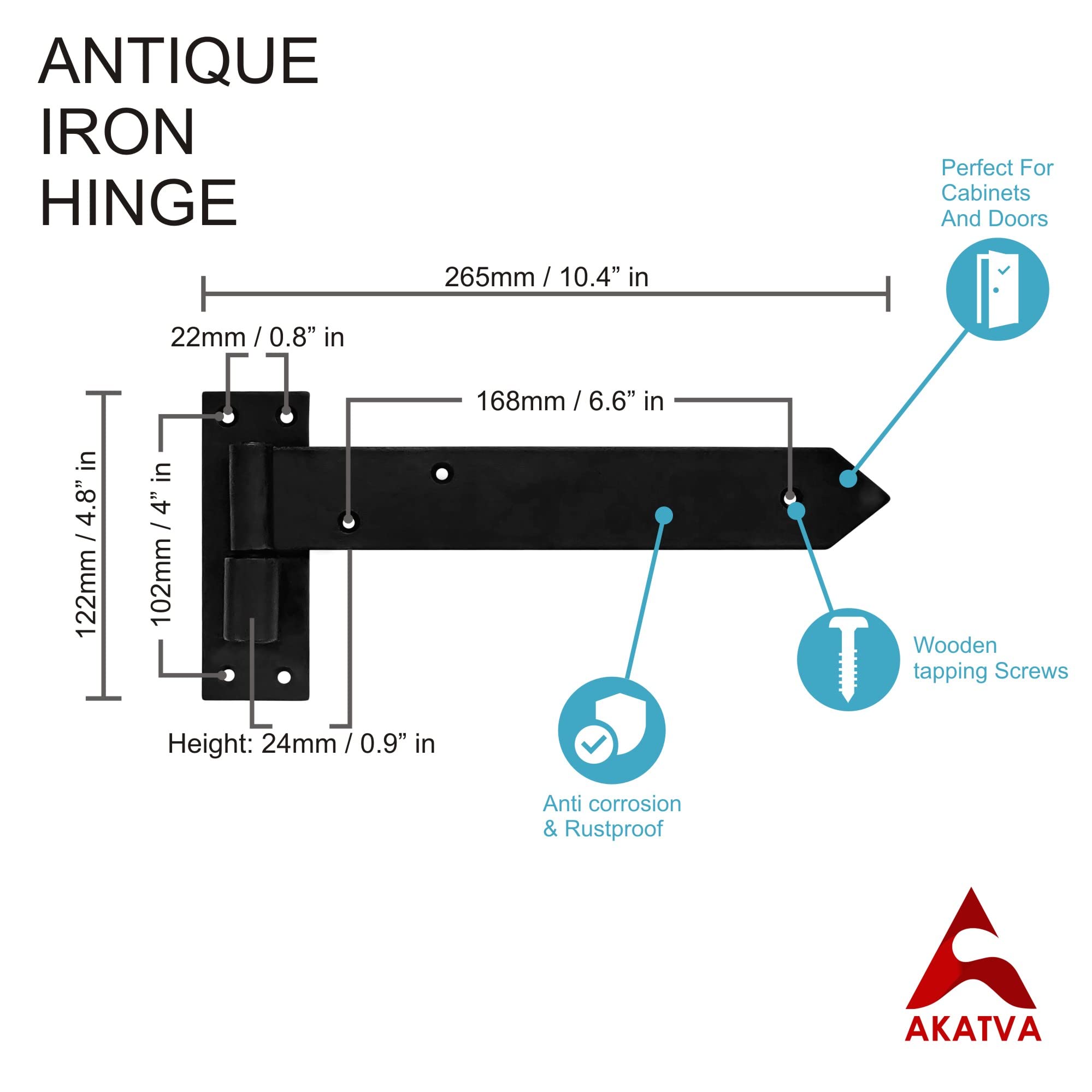 Heavy Duty 2-Piece Black Matte T Hinge Set for Wooden Fences, Barn Doors & Shed Doors - Outdoor Gate Hinges with Rust-Resistant Finish - Perfect for Backyard Fences, Farm Gates and Storage Sheds