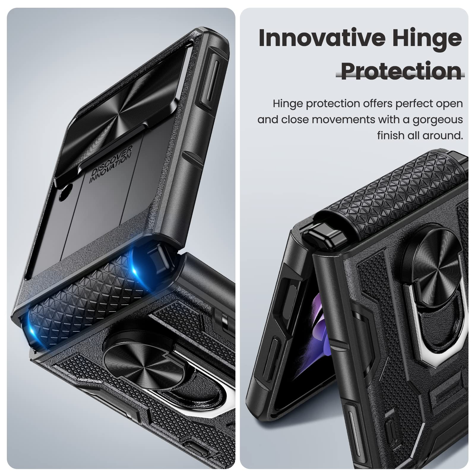 Caka Galaxy Z Flip 3 Case with Hinge Protection, Camera Cover & Kickstand - 360° Rotating Ring Stand (Black) | Shockproof Protective Cover for Samsung Z Flip 3 | Perfect for Work, Travel & Everyday Use