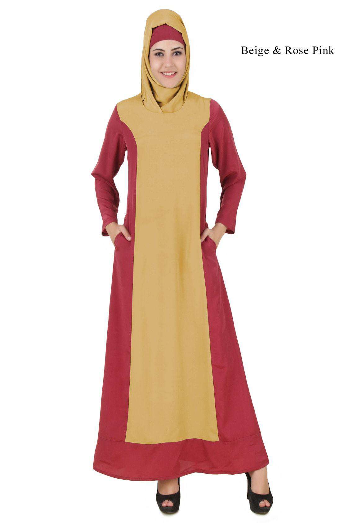 Arshi Slim Fit Rose Pink & Warm Grey Abaya - Elegant Muslim Dress for Women | Perfect for Prayer, Mosque & Special Occasions