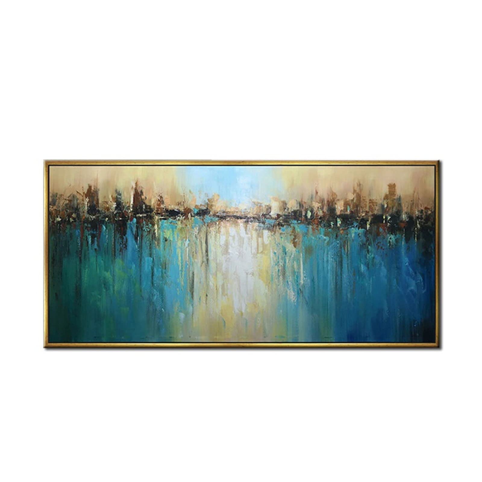 Hand-Painted Abstract Blue Cityscape Oil Painting on Canvas - Modern Textured Wall Art for Living Room, Villa & Office Decor - Large Size 50x100cm (19.6x39.3 Inch) Unframed - Perfect for Contemporary Home, Hotel Lobby & Gallery Display
