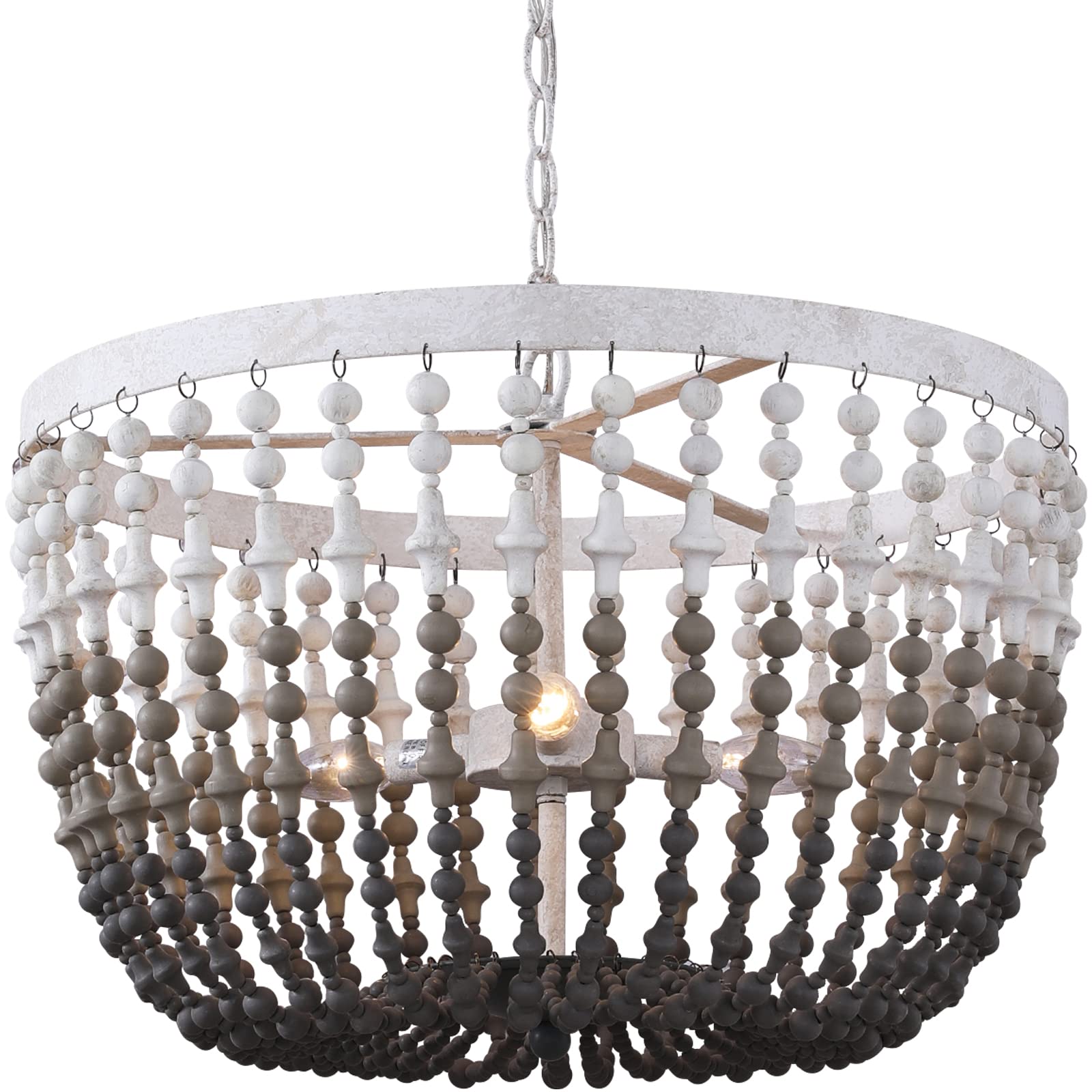 PHILOMENA 20” Beaded Farmhouse Chandelier - 3-Light Boho French Country Pendant Light in Distressed White & Grey Wood - Perfect for Dining Room, Kitchen Island, Living Room & Bedroom - Coastal Beach Style Lighting for Home Decor