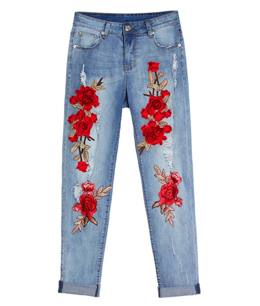 Ladyful Women's Floral Embroidered Jeans - Distressed Ripped Cropped Straight Leg Denim Pants with Flower Embellishments | Perfect for Casual Outings, Date Nights & Spring Fashion