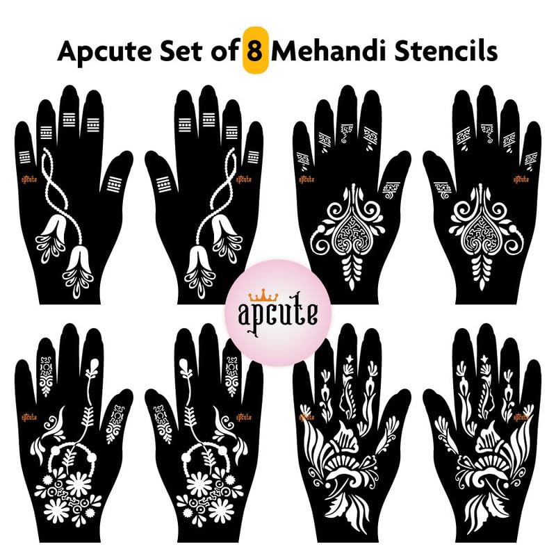 APCute Full Hand Henna Stencils Set of 8 Pieces - Easy 4-Step Temporary Tattoo Stickers for Women & Girls | Perfect for Weddings, Festivals & Mehndi Parties (Designs 95-96-135-146)