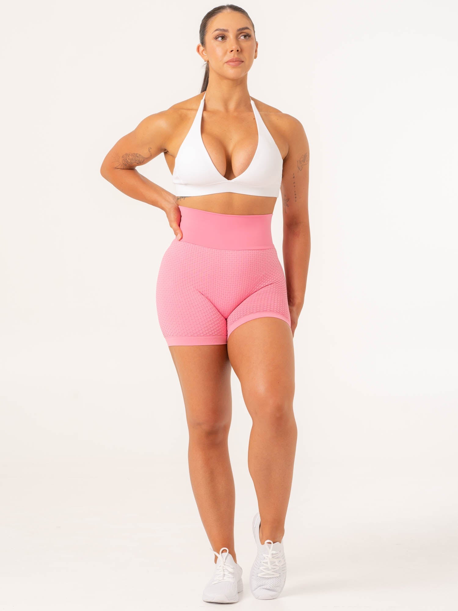 Honeycomb Scrunch Seamless Shorts for Women - Bright Pink | High Waisted Yoga Shorts for Workout, Running & Lounge Wear