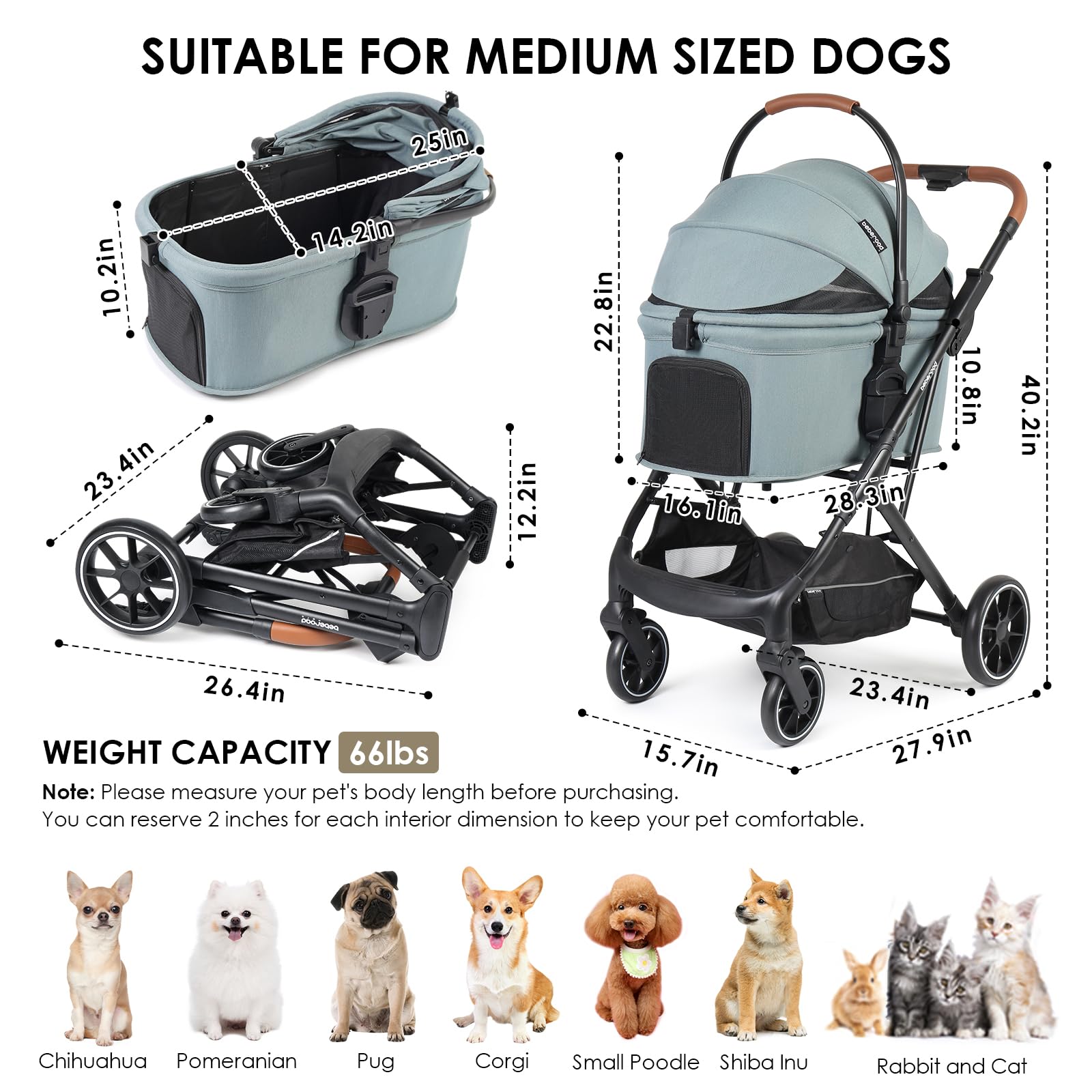 Premium T6 Foldable Pet Stroller for Medium Dogs Up to 66lbs or 2 Small Pets - Detachable Carrier, Lightweight & Durable (Green) | Perfect for Park Walks, Vet Visits & Shopping Trips
