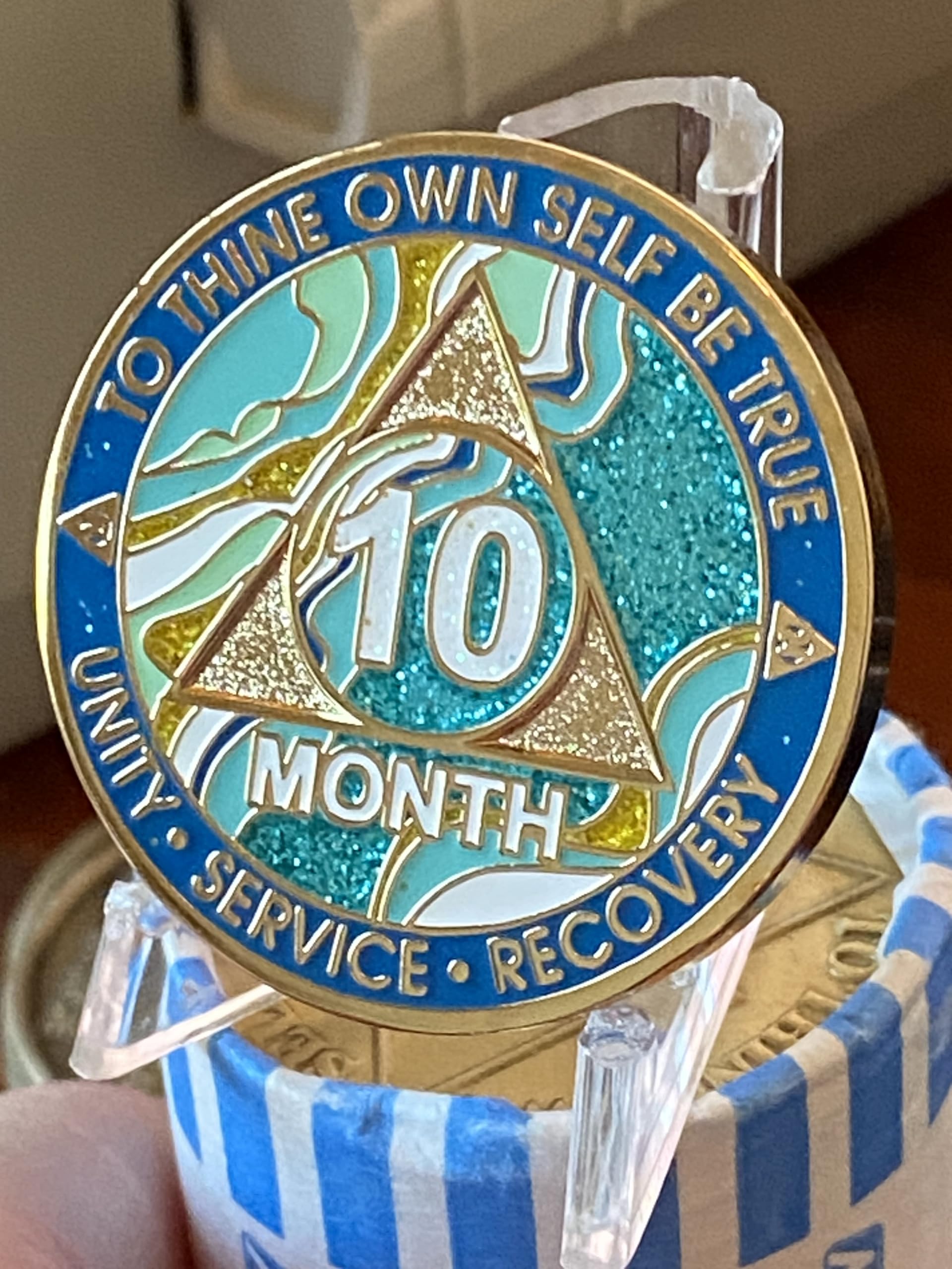 10 Month AA Medallion - Elegant Marble Caribbean Aqua Glitter Sobriety Chip for Alcoholics Anonymous Recovery | Perfect for AA Meetings, 12-Step Programs & Sobriety Celebrations