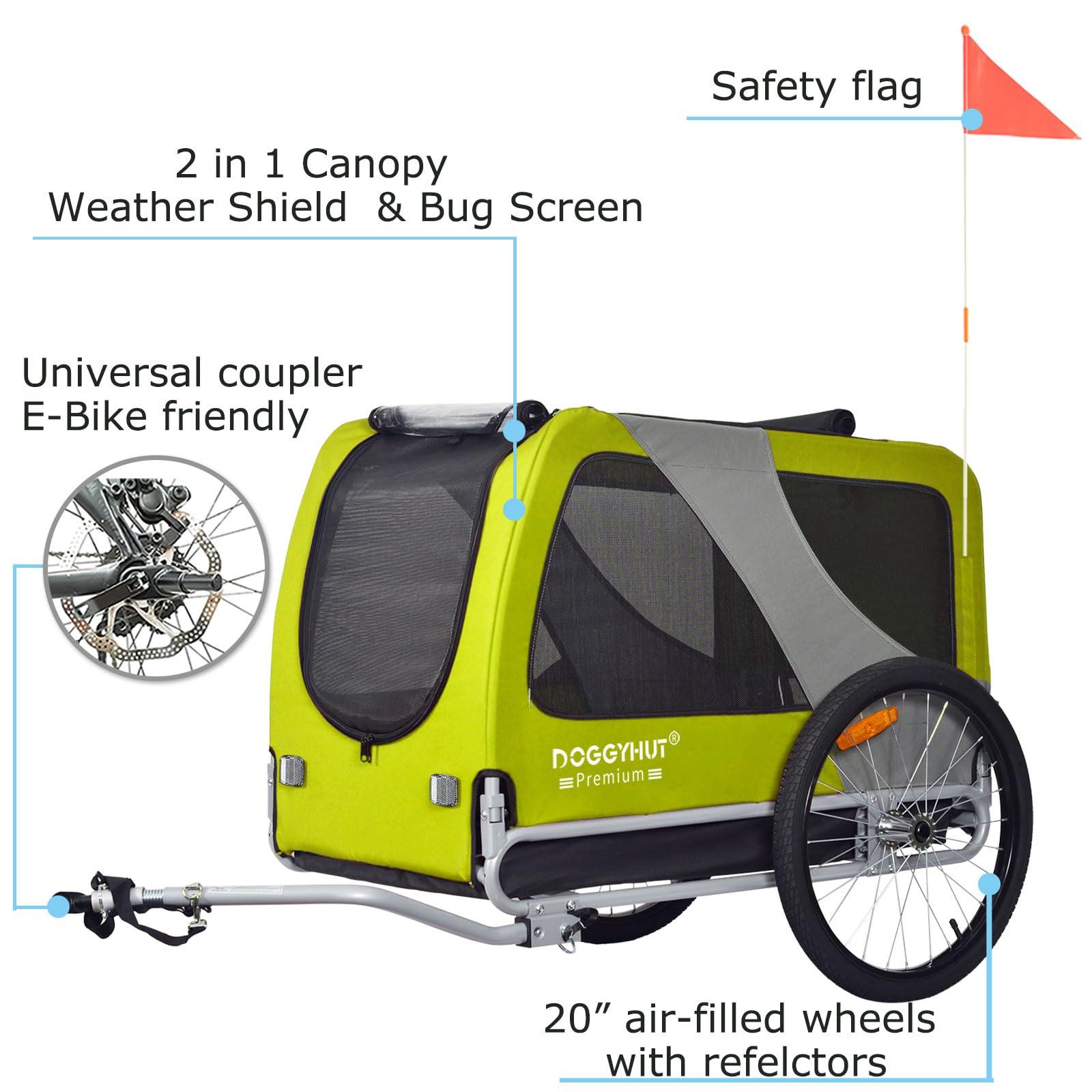 DOGGYHUT® Premium XL Pet Bike Trailer for Large Dogs or Multiple Small Dogs - Heavy Duty 100 lbs Capacity, Low Center Gravity Bicycle Carrier with Easy Fold Frame - Perfect for Cycling Adventures, Park Trips & Outdoor Activities with Your Pets