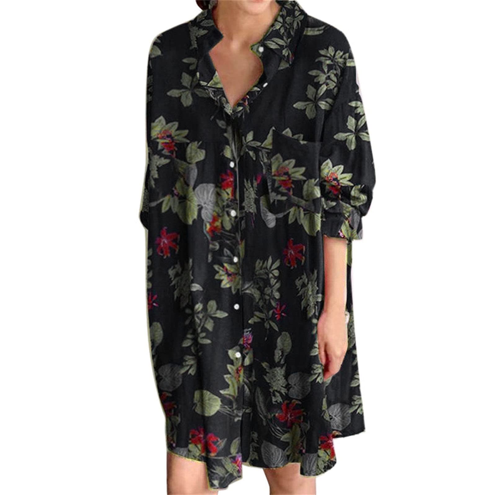 Vintage Print Women's Loose Long Sleeve Button Down Tunic Top - Elegant O-Neck Polyester Blouse for Casual Wear, Office & Date Night