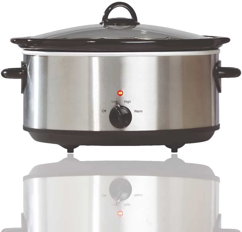 GBS 6.5L Stainless Steel Slow Cooker with Stoneware Pot & Tempered Glass Lid - 3 Heat Settings, Dishwasher Safe, Easy to Clean - Perfect for Soups, Stews, Roasts & Family Meals (Portable Multi-functional Large Crock Pot)