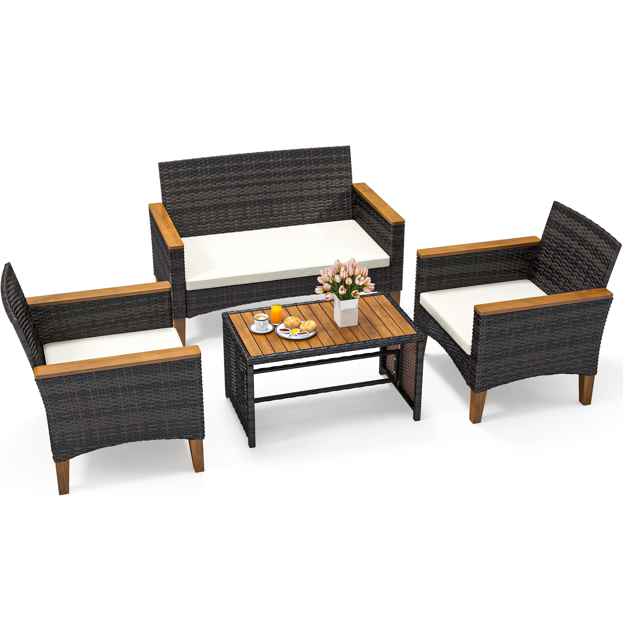 YITAHOME 4-Piece All-Weather Outdoor Patio Furniture Set - Wooden Armrest Rattan Wicker Conversation Set with Side Table, Cushions & Wooden Feet (Brown/Beige) - Perfect for Garden, Backyard, Poolside & Patio Relaxation