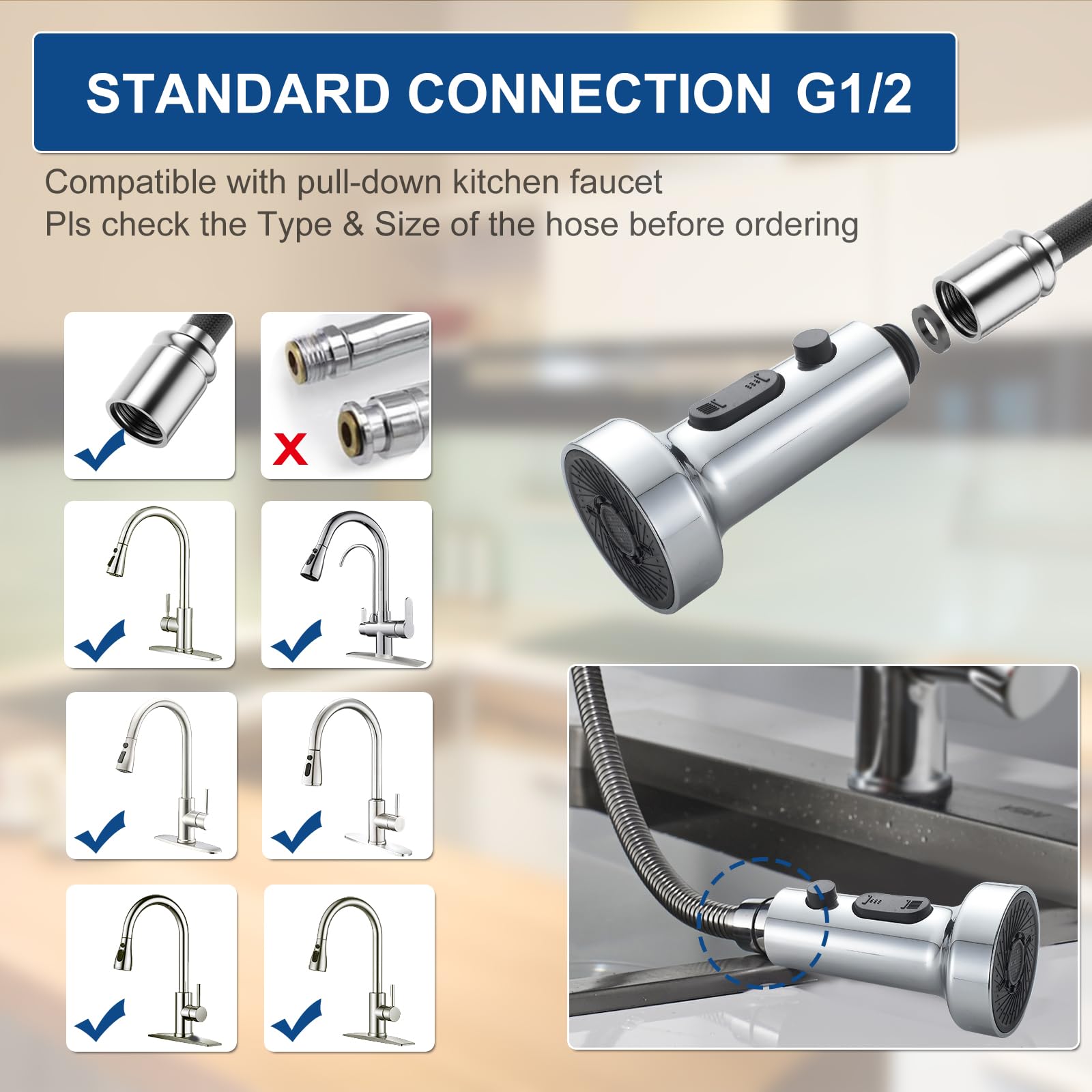 QAOYEDE Pull Down Kitchen Faucet Sprayer Head Replacement - Chrome Finish with G 1/2 Male Thread (No Adapter) - Dual Function Spray & Waterfall Modes for Kitchen Sink Faucets - Perfect for Dishwashing, Food Prep & Cleaning Fruits/Veggies