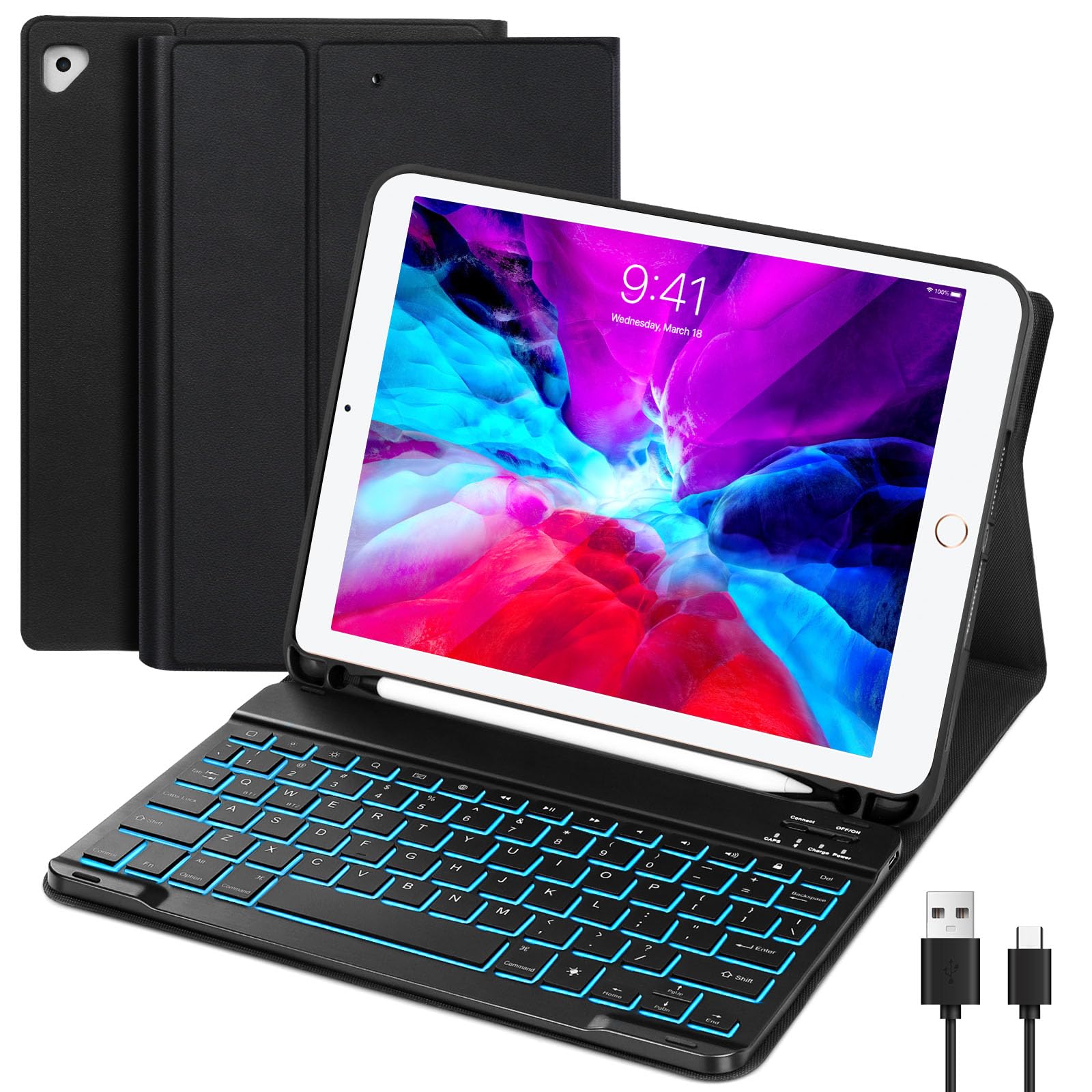 Eocean 7-Color Backlit Detachable Bluetooth Keyboard Case for iPad 9.7 6th/5th Gen (2018/2017), iPad Air 2 & iPad Pro 9.7 - 2 Bluetooth Channels, Smooth Stain-Resistant Cover - Perfect for Work, Study & Travel