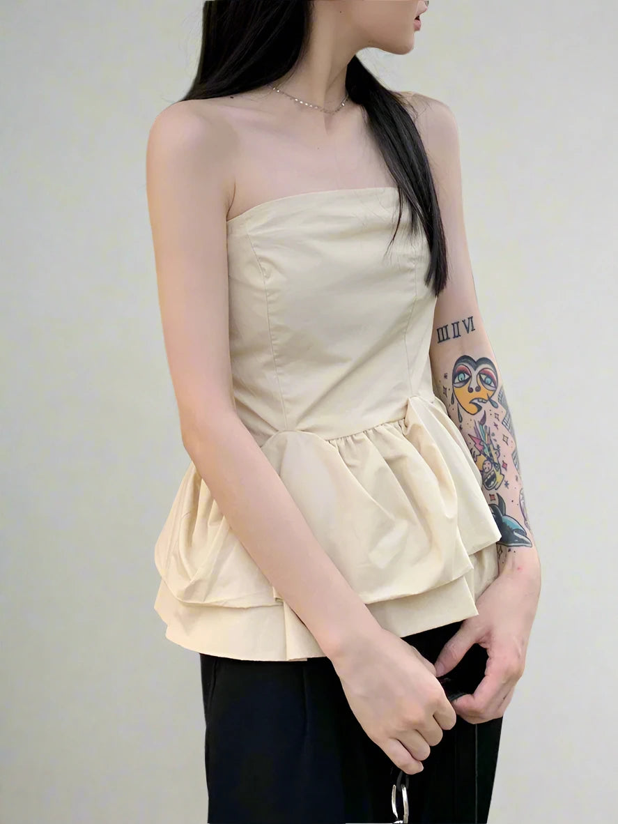 Strapless Apricot Women's Camisole - Sexy Ruffled Sleeveless Top for Casual Office Wear & Street Fashion | Perfect for Work, Date Nights & Summer Outfits
