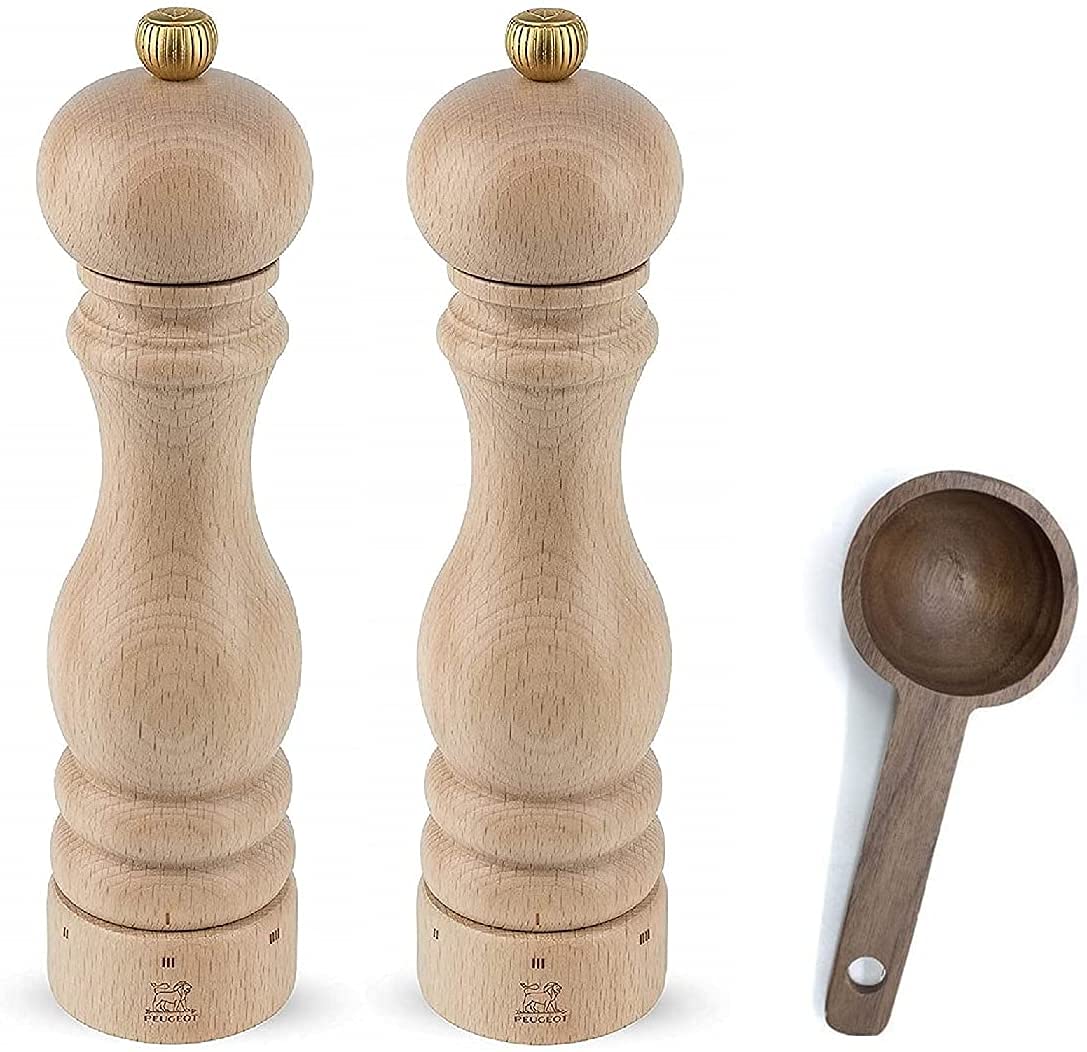 Peugeot Paris U'Select 9-Inch Salt and Pepper Mill Gift Set - Natural Beechwood with Wooden Spice Scoop | Premium Kitchen Grinder for Home, Restaurant & Gourmet Cooking