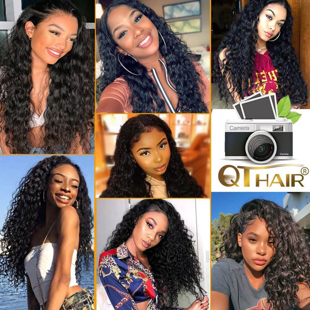 QTHAIR 14A Water Wave Brazilian Virgin Human Hair Bundles with Lace Frontal (18
