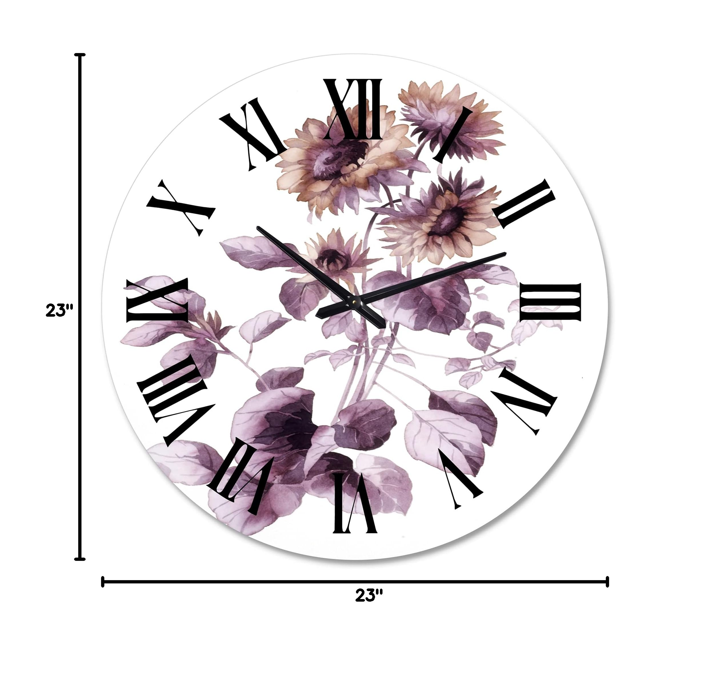 DesignQ Traditional Wall Clock 'Purple Wildflowers III' - Large Floral & Botanical Wall Clock for Home, Office, Living Room Decor - Perfect for Farmhouse, Bedroom, and Kitchen Wall Decor