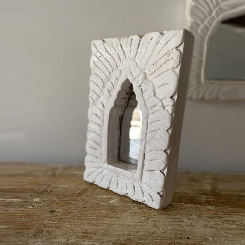 Hand Carved Indian Solid Wood Temple Mirror - 20cm Whitewashed Wall Decor for Boho, Farmhouse & Spiritual Spaces - Perfect for Home, Yoga Studio & Meditation Room