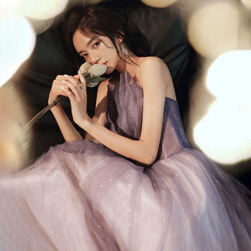 Gradient Purple Long Prom Dress A Line Evening Gown with Flowy Skirt - Elegant Formal Wear for Homecoming, Quinceañera & Special Occasions
