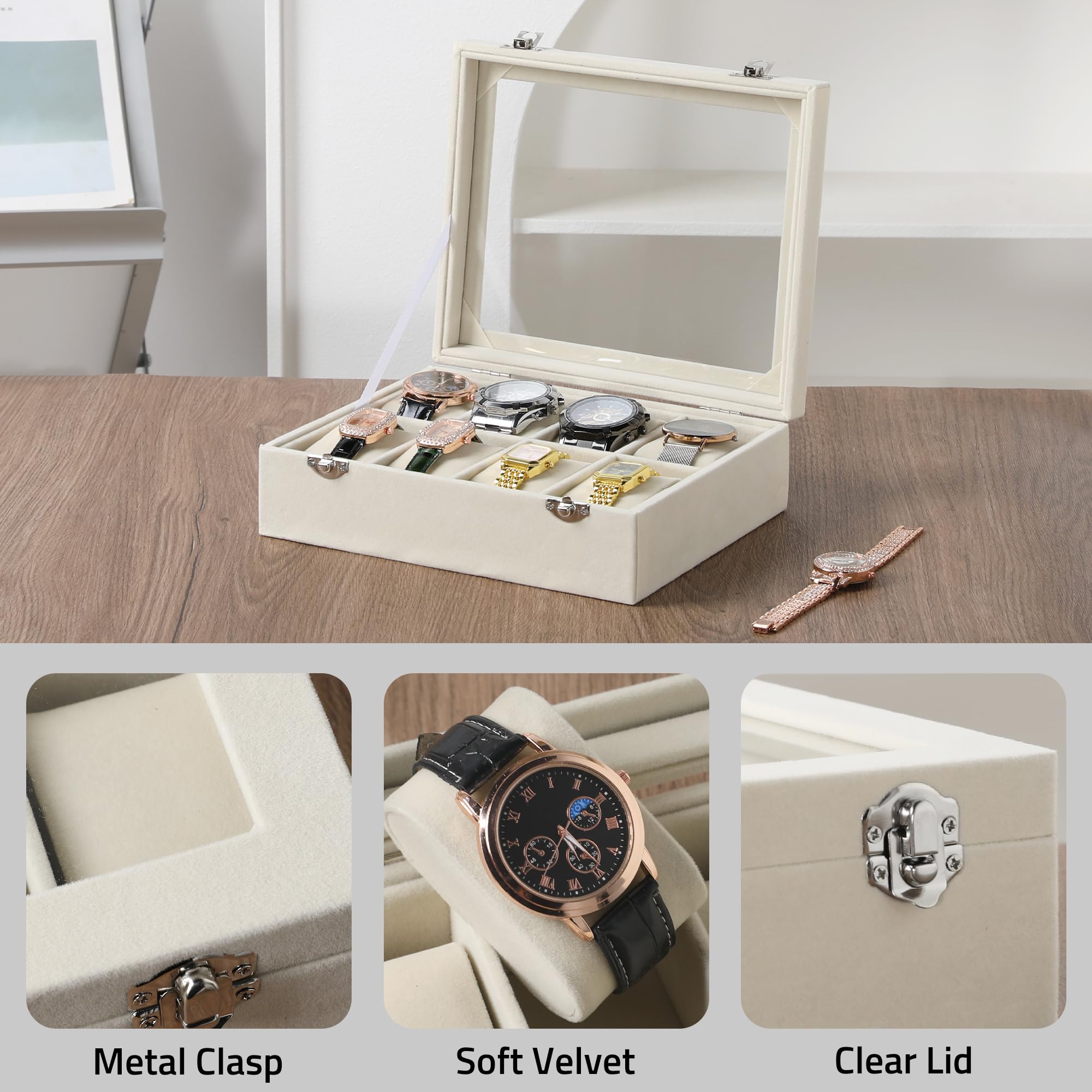 Frebeauty 4-Slot Velvet Watch Box with Glass Lid & Lock - Luxury Watch Organizer for Men & Women - Elegant Watch Display Case & Storage - Perfect Gift for Watch Collectors (Beige) - Ideal for Home, Office & Travel Use