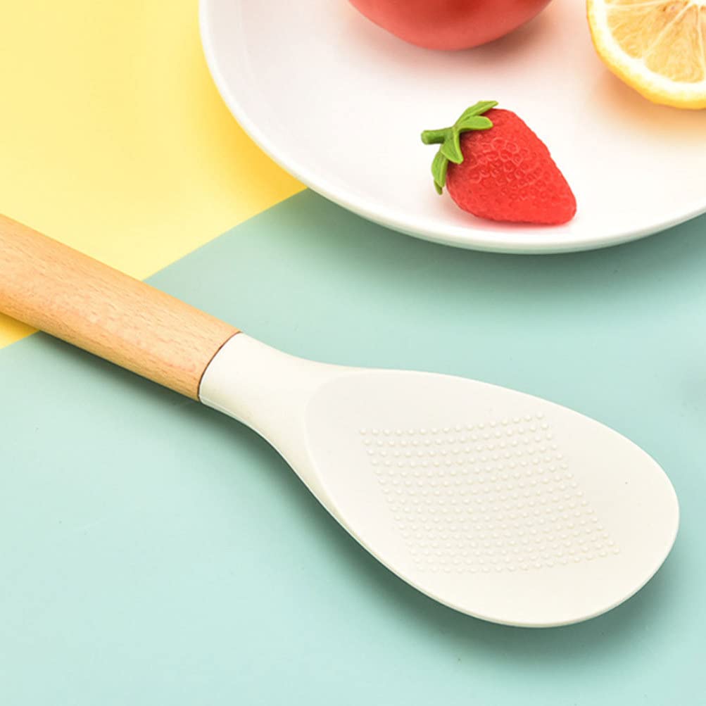 Kichvoe Wooden Handle Silicone Rice Spoon - Non-Stick Rice Paddle & Scooper for Cooking, Serving - Perfect for Rice Bowls, Sushi, Stir Fry & Meal Prep