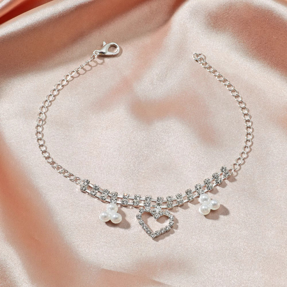 Sparkling Rhinestone Heart Pearl Anklet Chain Bracelet for Women - Elegant Adjustable Ankle Bracelet Jewelry Gift | Perfect for Weddings, Beach Parties & Summer Fashion (Style X2103)