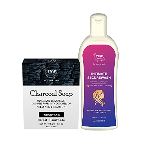 TNW-The Natural Wash Combo: Handmade Charcoal Soap for Blackheads & Acne (100g) + Intimate Wash for Women (100ml) | Paraben-Free, Soothes Itchiness, Dryness & Odor | Perfect for Daily Skincare & Feminine Hygiene Routine