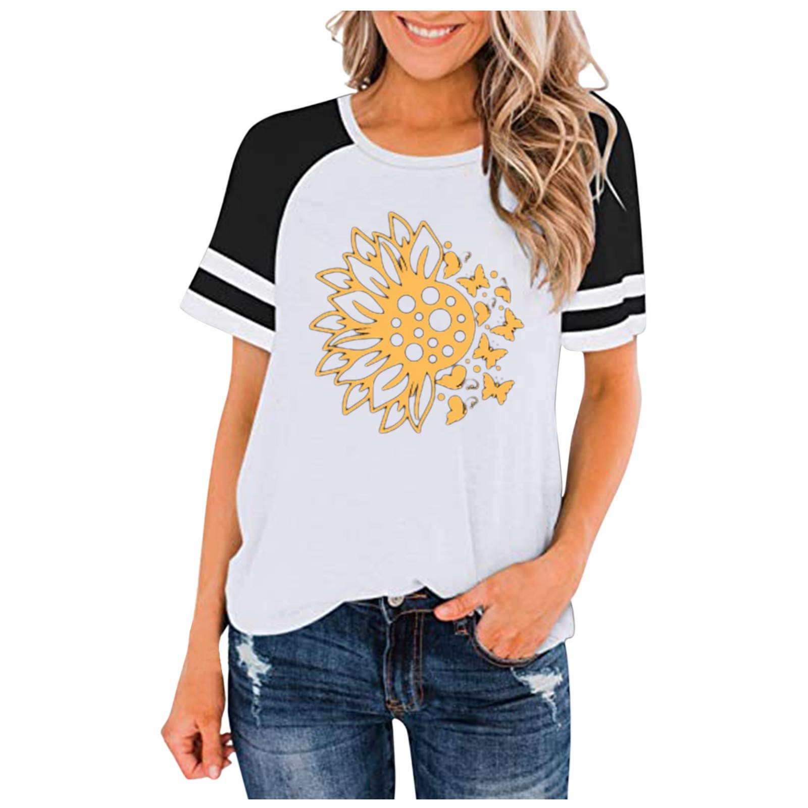 Sunflower Print Plus Size Women's T-Shirts - Crewneck Summer & Workout Tops for Casual Wear, Gym & Outdoor Activities