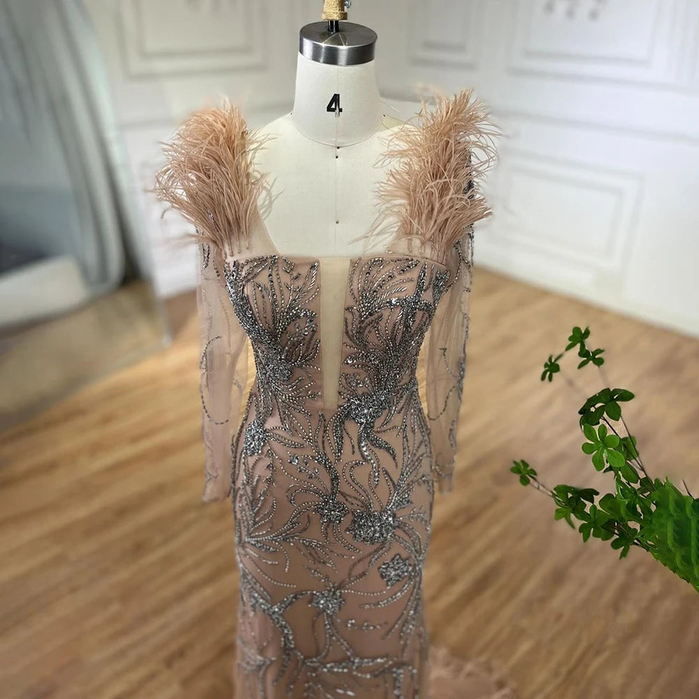Luxury Dubai Nude One Shoulder Beaded Feather Mermaid Evening Dress for Women - Wedding, Party, Prom & Special Occasion Gowns - Elegant Formal Gown LA72508