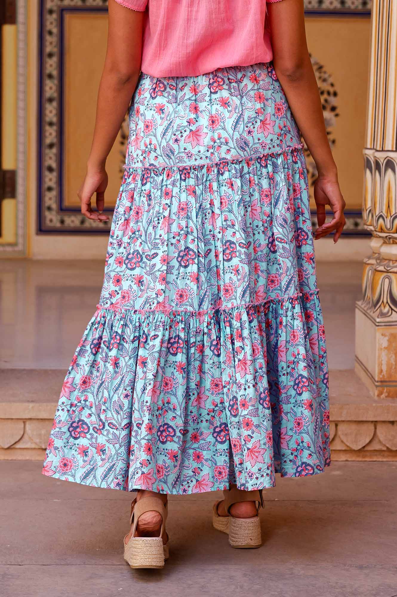 Becks Organic Cotton Block Print Skirt - Handmade Floral Maxi Skirt for Women | Gardenia Blue/Red | Perfect for Boho Beach, Summer Vacations & Music Festivals