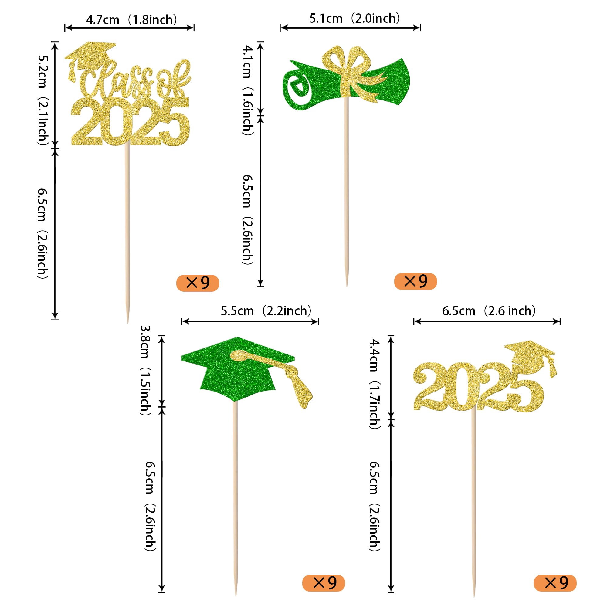 Rsstarxi 36 Pack Class of 2025 Graduation Cupcake Toppers - Glitter Graduation Cap & Diploma Cake Decorations in Green & Gold - Perfect for Graduation Parties, School Celebrations & Dessert Table Decor