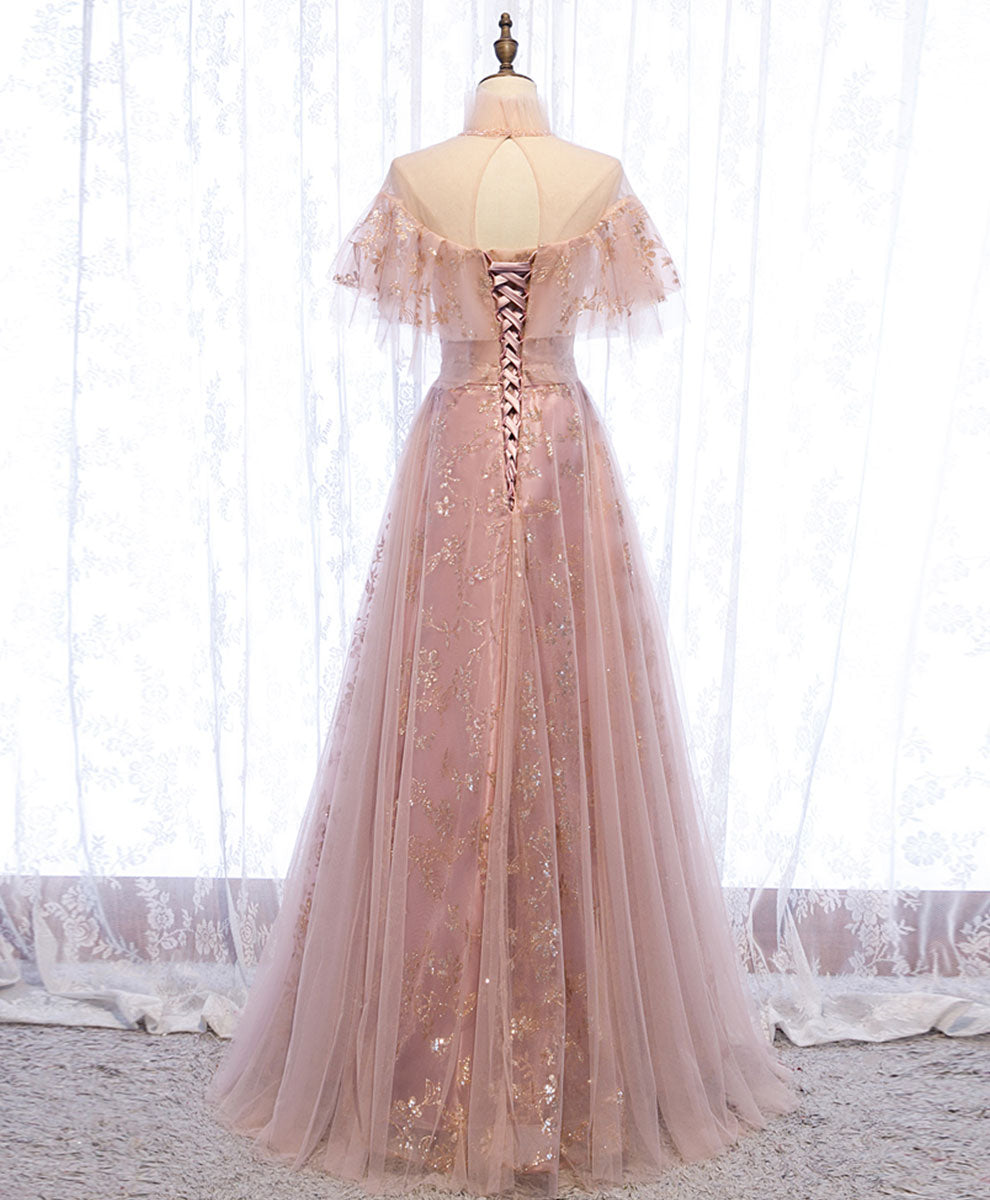 Elegant Pink Tulle Lace Long Prom Dress with Floral Embroidery - Formal Evening Gown for Homecoming, Quinceañera & Special Occasions - Perfect for Prom Night, Wedding Guest & Ballroom Dance Events