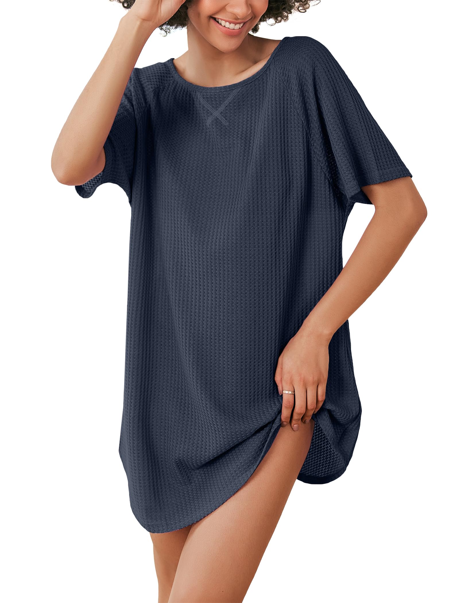 Ekouaer Women's Waffle Knit Short Sleeve Sleepshirt - Soft Casual Nightgown & Lounge T-Shirt for Comfortable Sleepwear, Home Relaxing and Cover Ups
