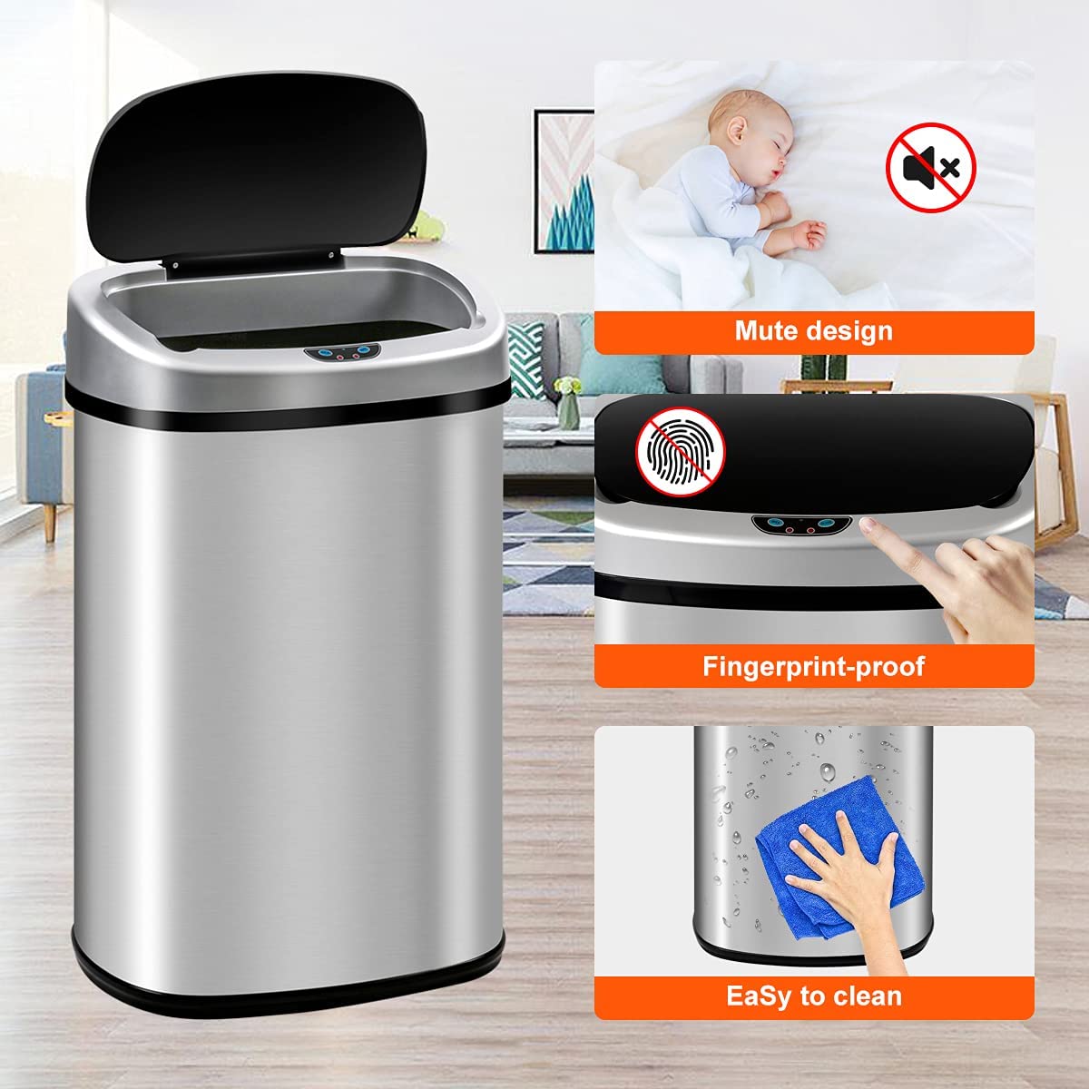 **13 Gallon Automatic Touchless Trash Can with Lid - Slim Stainless Steel Sensor Waste Bin for Kitchen, Home, Office (50L, Silver) | Hands-Free, Hygienic & Space-Saving for Living Room, Bedroom & More**