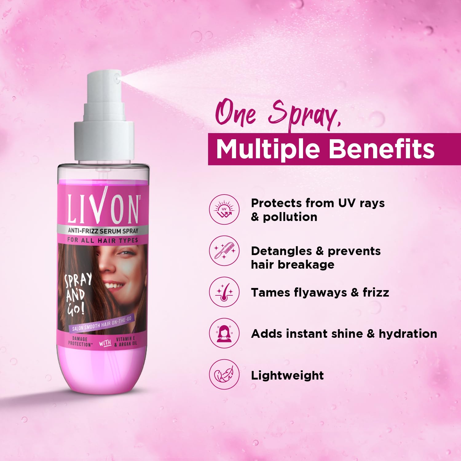 Livon Shake & Spray Hair Serum - Instant Shine, Frizz Control & Damage Protection with Vitamin E & Argan Oil - Travel-Friendly 50ml Spray for Women & Men - Perfect for Dry, Damaged Hair at Home, Gym or On-The-Go