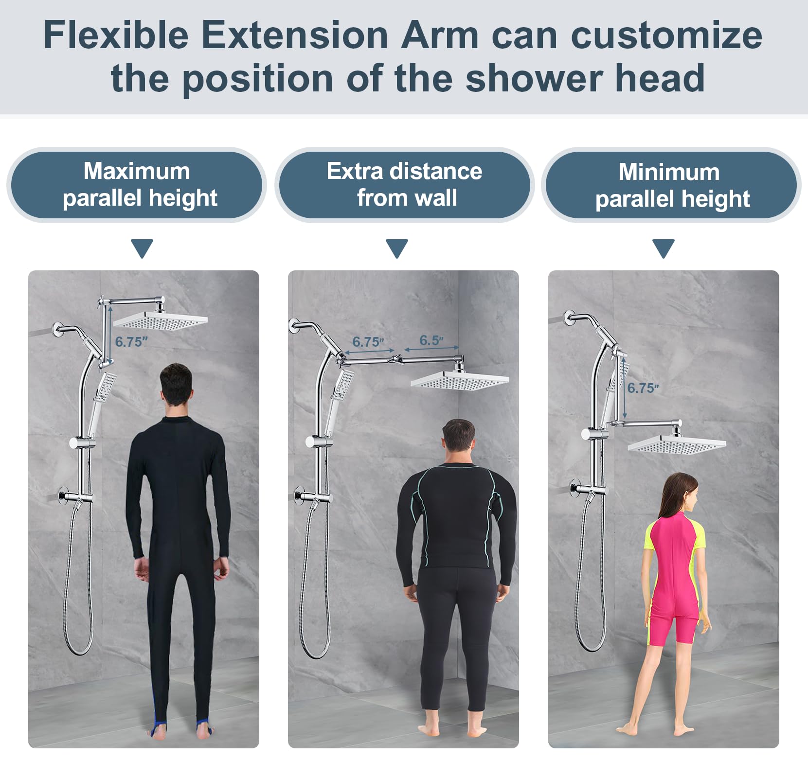 BRIGHT SHOWERS Luxury Rain Shower Head System with Handheld Spray Combo - Solid Brass Slide Bar, Adjustable Height Shower Holder, Extension Arm & 60
