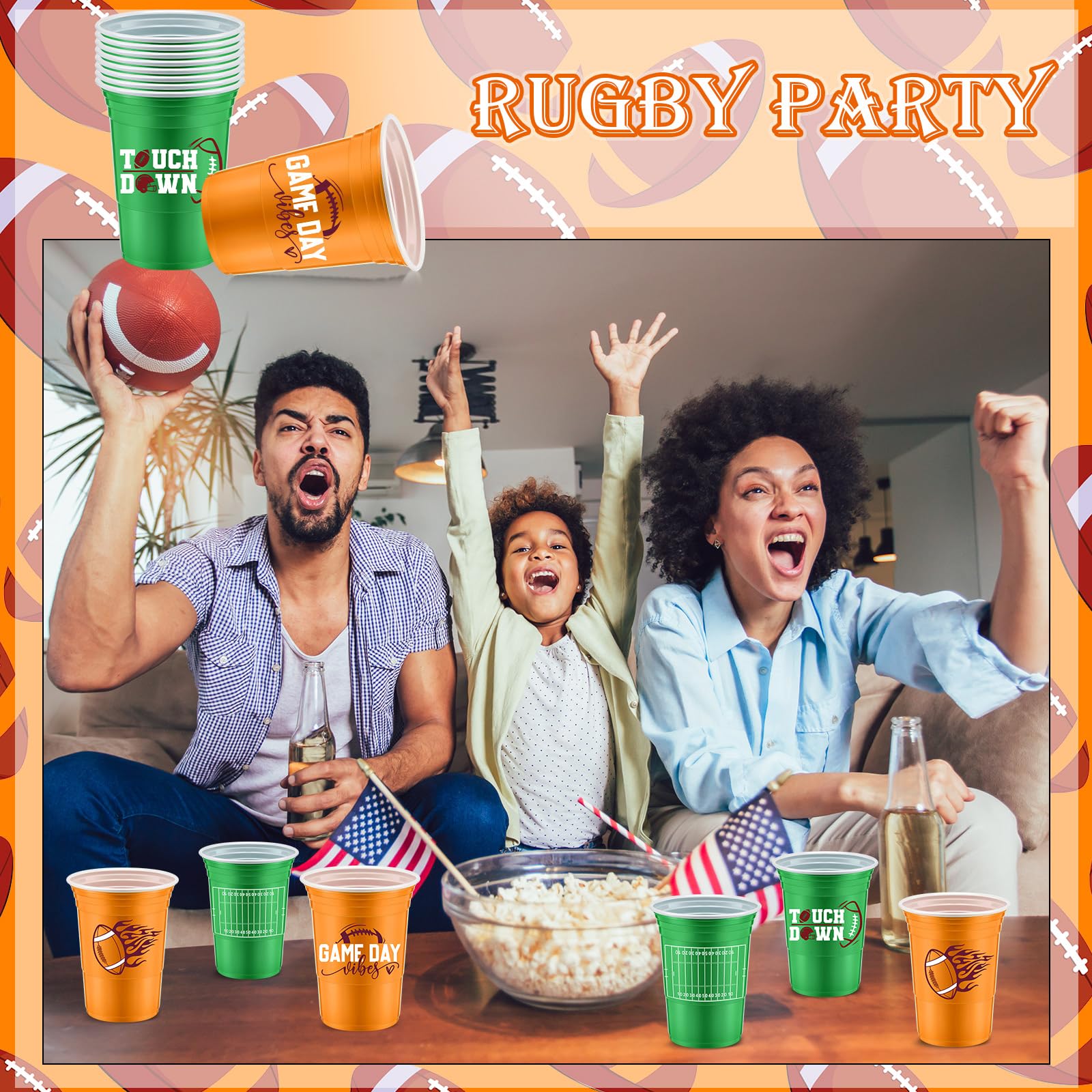 48-Pack Football Party Cups - 16oz Thick Plastic Disposable Cups for Hot & Cold Drinks - Perfect for Football Themed Parties, Tailgates, Super Bowl Gatherings & Game Day Celebrations
