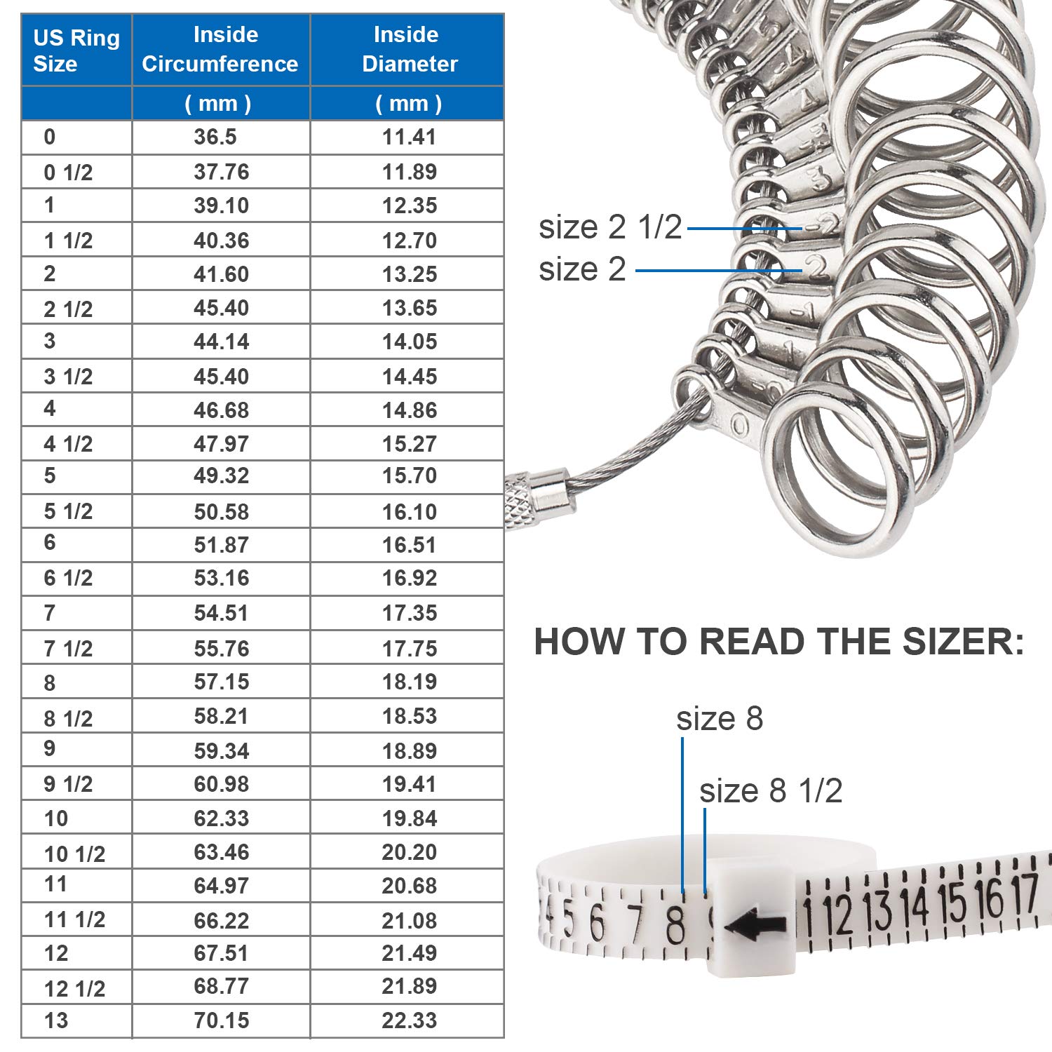 Stainless Steel Ring Sizer Gauge Set (Sizes 0-13) - Professional Finger Ring Measuring Tool with Adjustable Belt for Accurate Jewelry Sizing - Perfect for Jewelers, Engagements & Wedding Ring Fitting