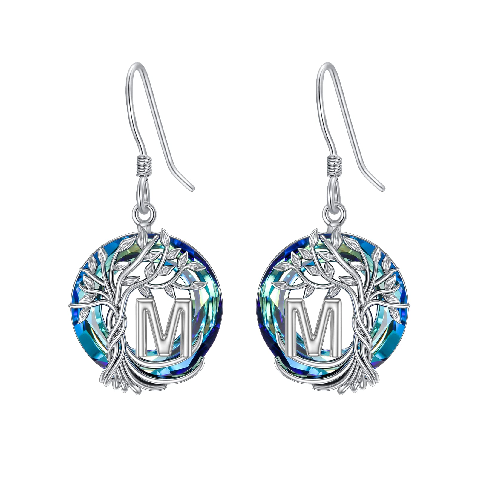 TOUPOP 925 Sterling Silver Tree of Life Initial Earrings - A-Z Letter Drop Dangle Earrings with Blue Circle Crystal for Women | Valentine's Day, Anniversary & Birthday Gift for Her, Girlfriend, Mom | Perfect for Date Night, Wedding & Special Occasions