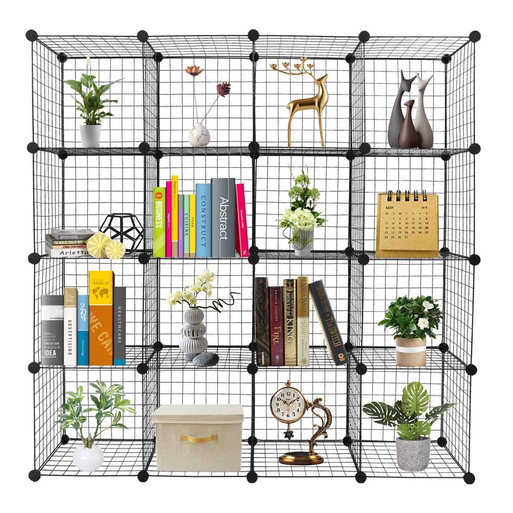 16-Cube Grid Wire Storage Shelf - Multifunctional Modular Organizer Bookcase for Home, Office & Closet - Perfect for Toys, Books, Shoes & Decor Organization