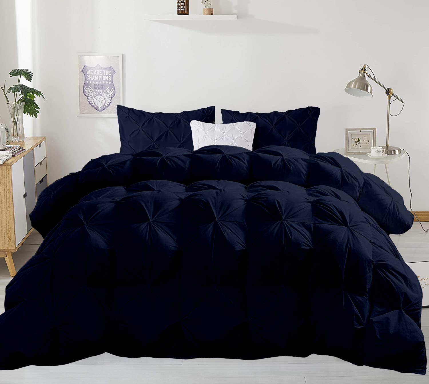 Premium 600 GSM All-Season Quilted Pinch Pleated Comforter Set - Egyptian Cotton Duvet Insert with 2 Pillowcases (Oversized King, Navy Blue) for Luxury Bedroom Decor & Cozy Sleep