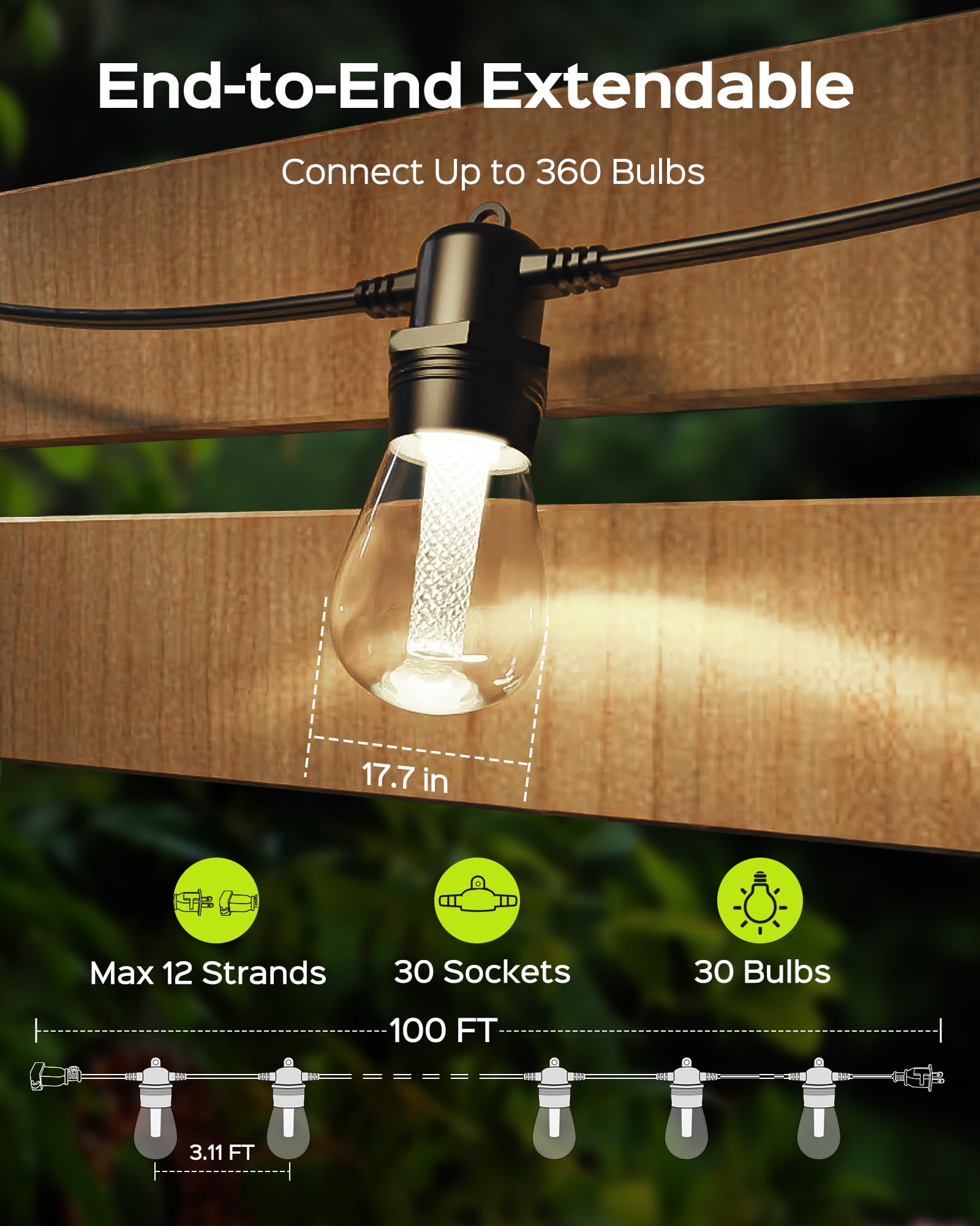 JACKYLED 100FT Outdoor String Lights - Waterproof Plug-in LED Patio Lights for Yard, Balcony, Wedding, Camping & Cafe | End-to-End Connectable | Perfect for Backyard Parties, Romantic Dinners & Outdoor Decor