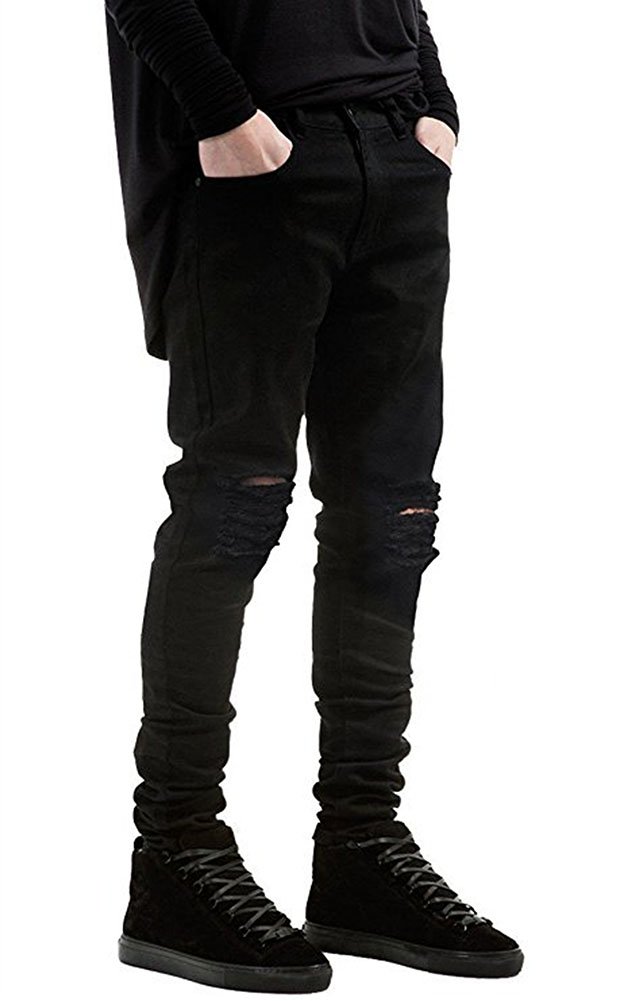 Qazel Vorrlon Men's Slim Fit Black Stretch Ripped Skinny Jeans - Distressed Denim Pants for Casual Wear & Night Out | Comfortable Stylish Mens Fashion